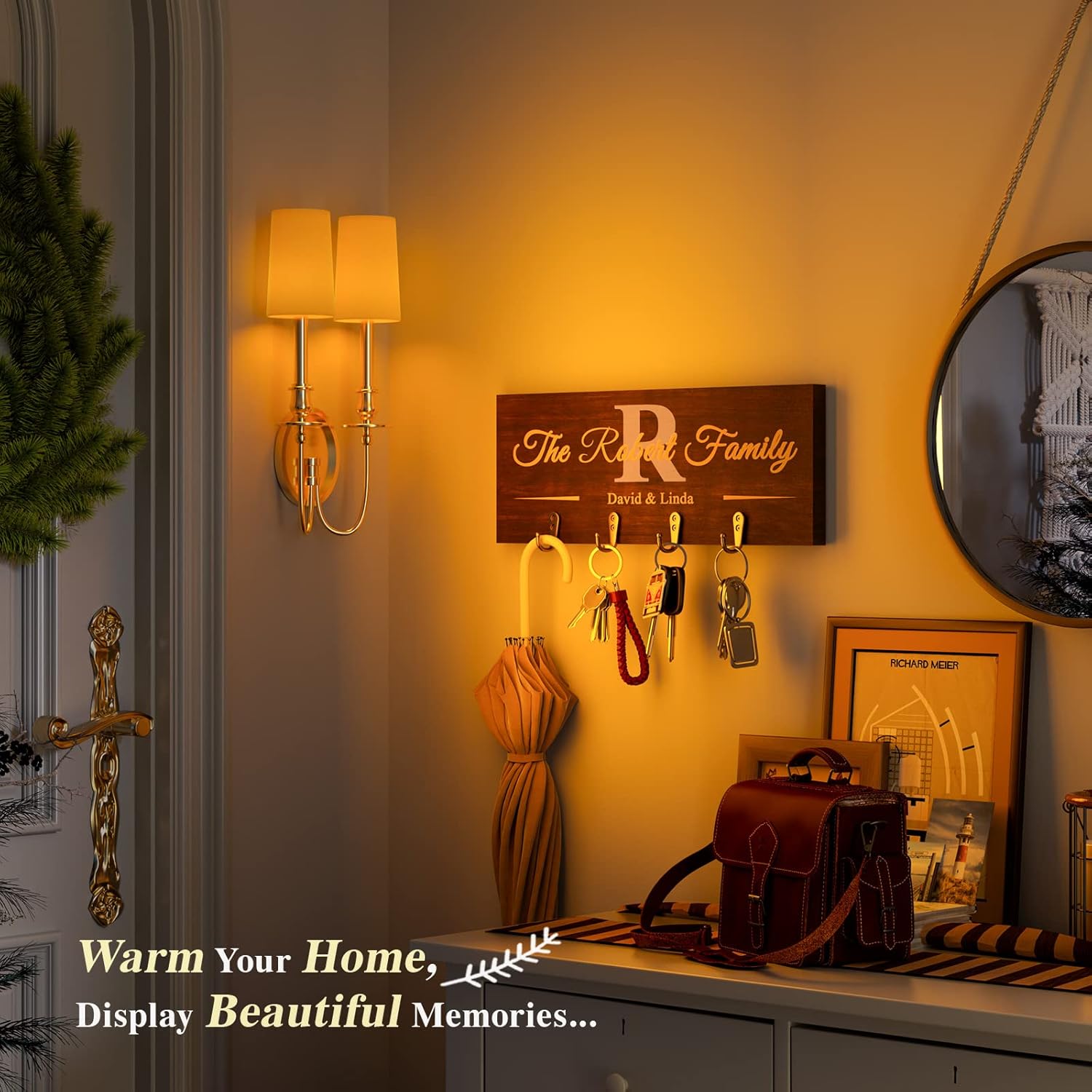 Personalized Wood Key Hooks for Wall Decor, Housewarming Gifts for New Home, Custom Family Name Sign for Wedding Gifts, Storage for Outgoing Items, Living Room Entrance Home Decor 15.8 x 6 in