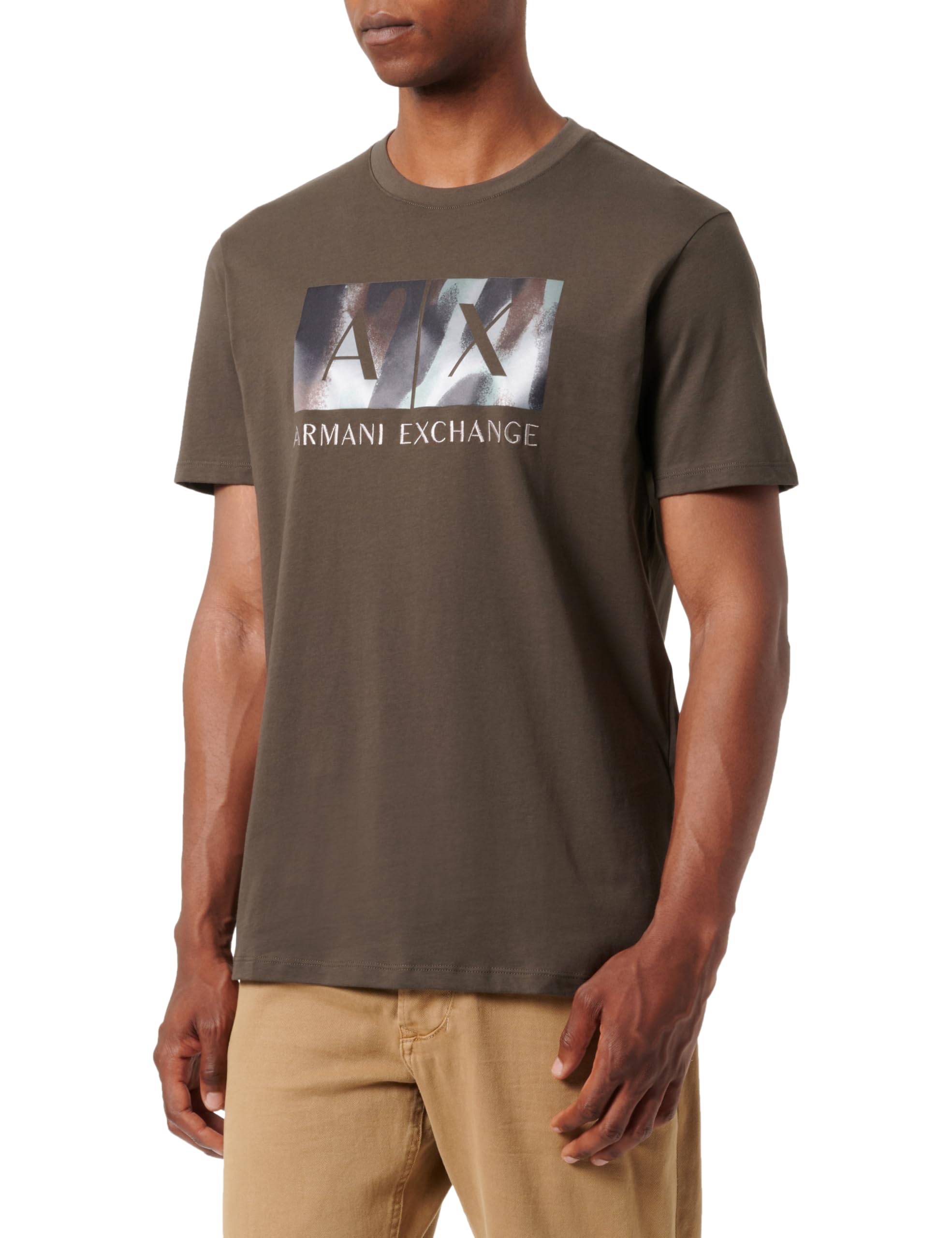 Armani Exchange Męska koszulka Classic Ax Box z logo Camo Background Regular Fit Tee T-Shirt, czarny/oliwkowy (Black Olive), XL