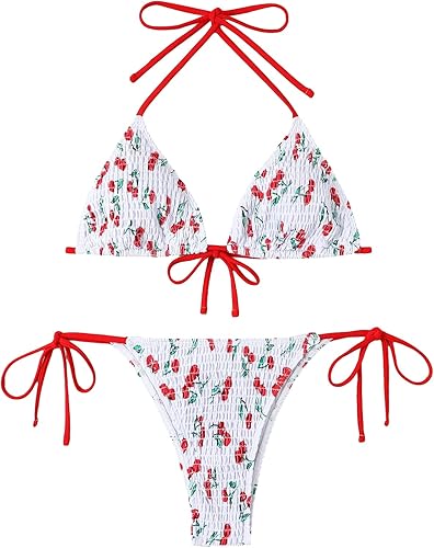 WDIRARA Conjunto de bikini halter con lazo lateral para mujer, traje de baño de dos piezas con cuello en V y lazo en la espalda