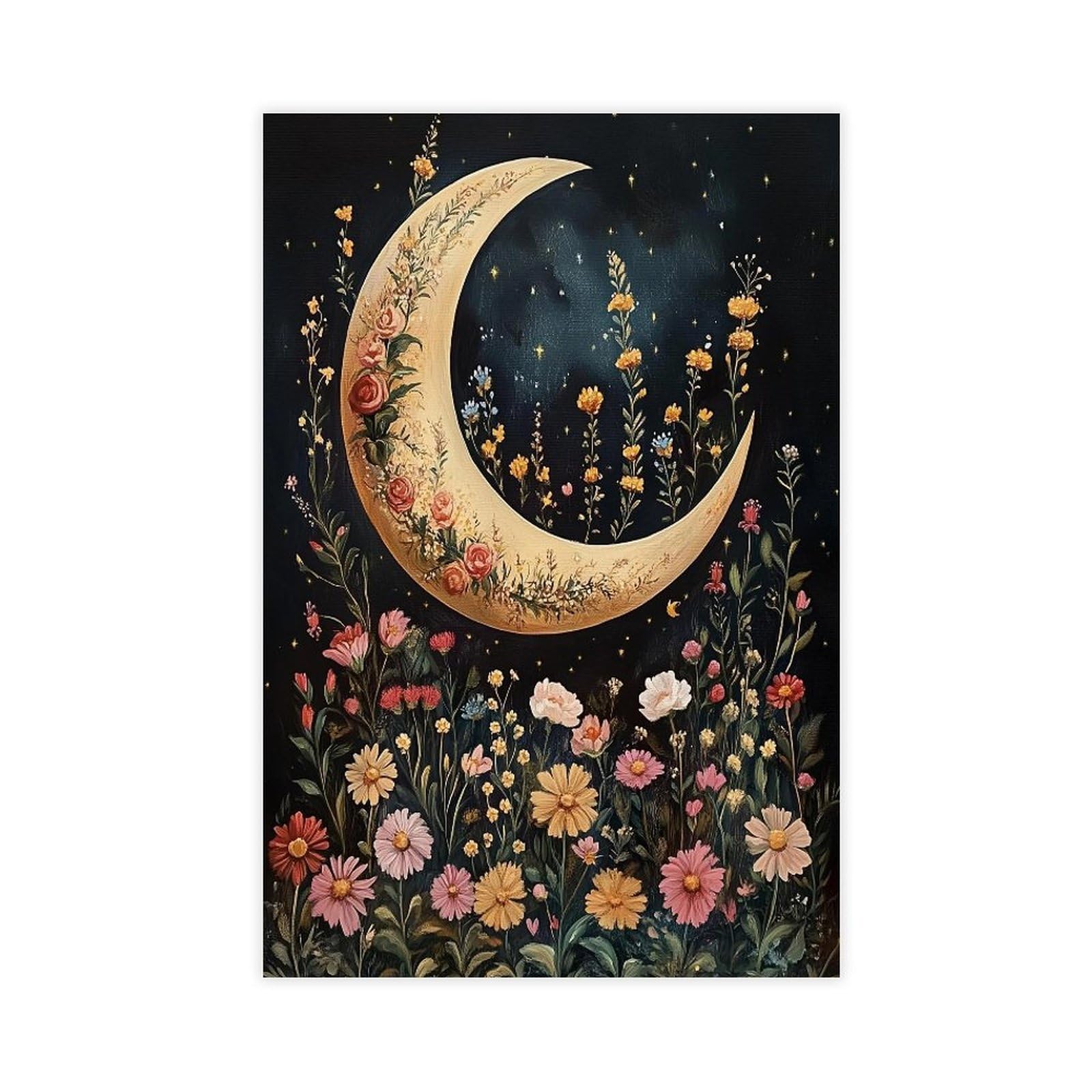 Bareronor Floral Crescent Moon Canvas Poster for Living Room Decor Gift