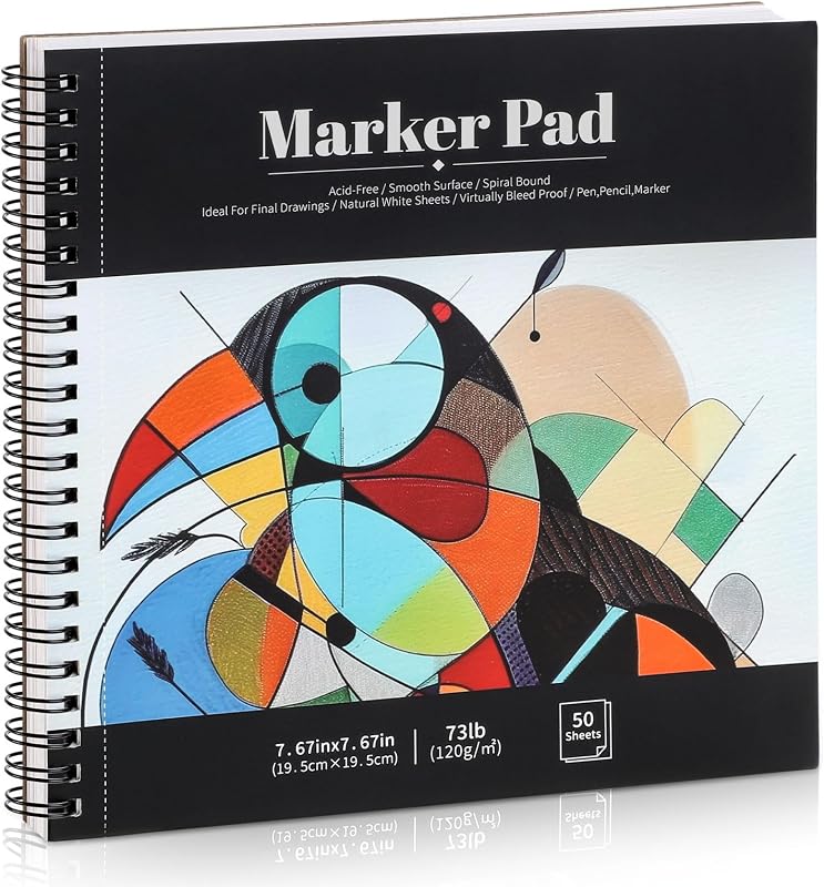 Bloc de papel marcador de 50 hojas, bloc de dibujo artístico a prueba de sangrado de 7,6 × 7,6 pulgadas, libro de bocetos en espiral de papel de dibujo de 73 lb/120 gsm, papel marcador de alcohol, papel para colorear para principiantes, artistas, regalo ideal | Papel resistente al sangrado sin ácidos, cuaderno de bocetos con marcador de 73 libras, dibujo para marcadores con alcohol, páginas arrancables, bloc de dibujo portátil