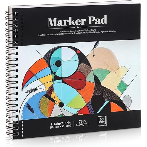 50 Sheets Marker Paper Pad, 7.6×7.6 Inch Bleedproof Art Sketch Pad, 73lb/120gsm Drawing Paper Spiral Sketch Book, Alcohol Marker Paper Painting Coloring Paper for Beginners, Artists, Ideal Gift