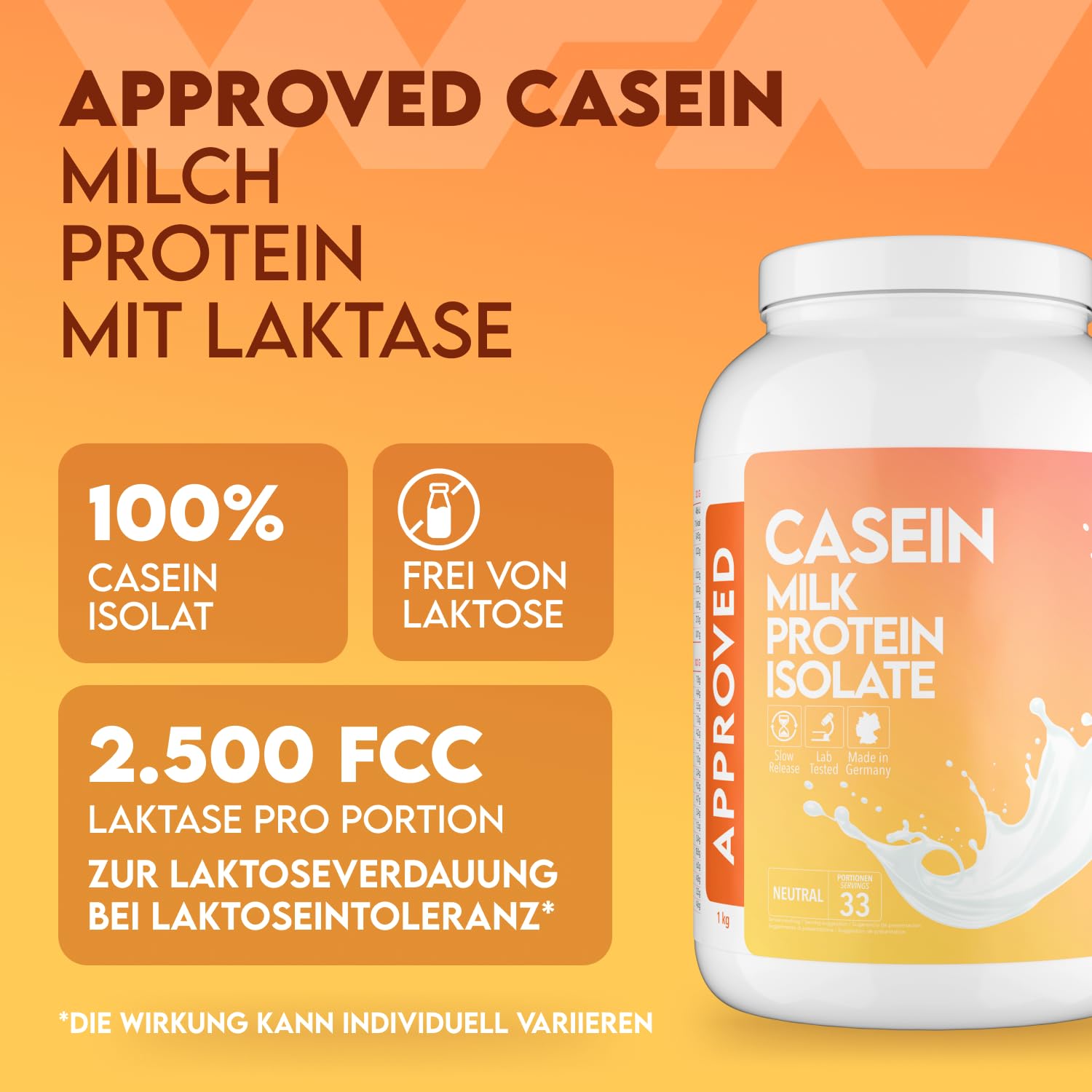 WFN Approved Casein - Casein Proteinpulver - Neutral & Ohne Süßungsmittel - 1 kg - Cremiger Casein Shake - Sehr gut lösliches Kasein Pulver - 33 Portionen - Made in Germany - Extern laborgeprüft