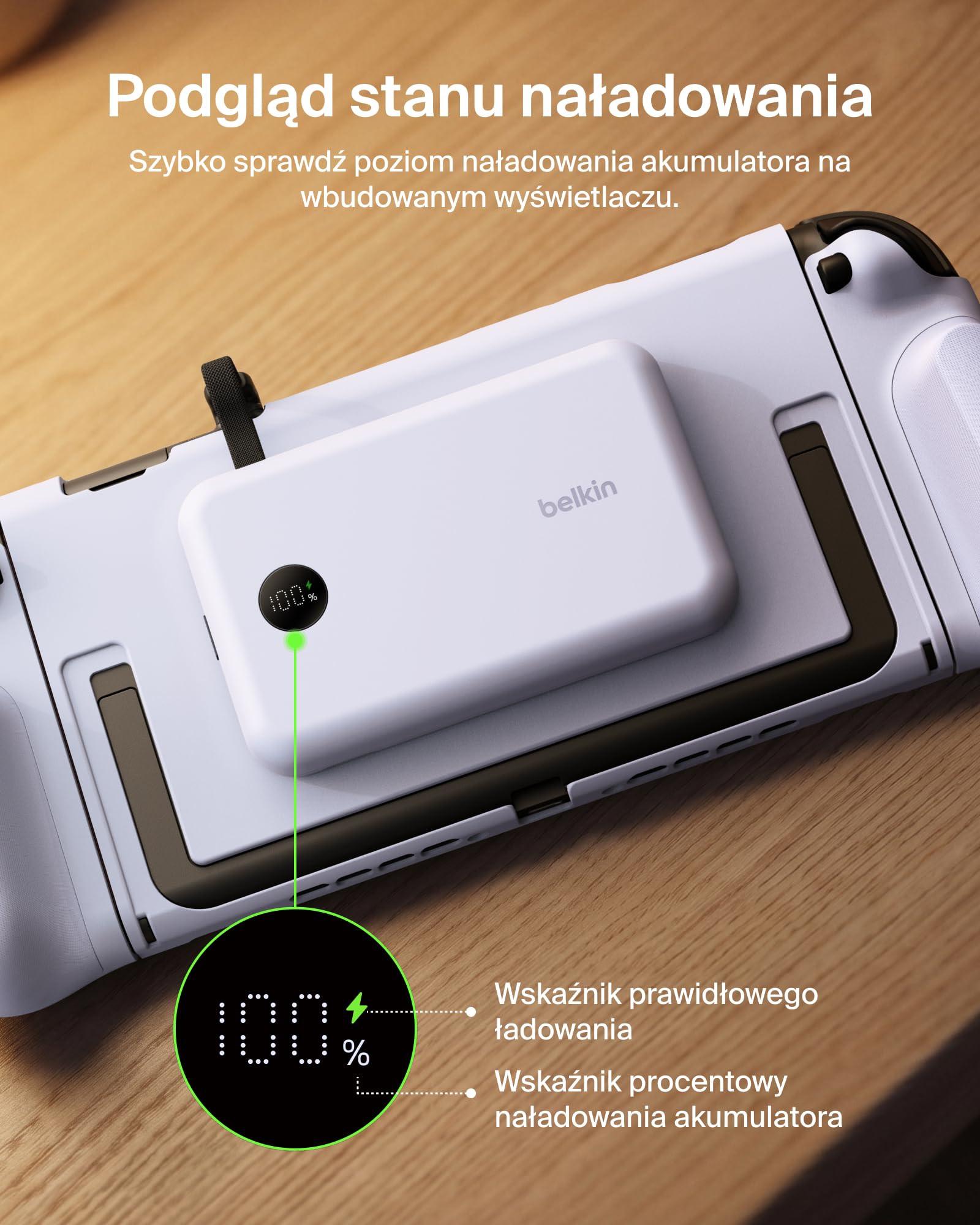 Belkin Gaming Uchwyt Ładujący do Nintendo Switch 2, 10 000 mAh – Fioletowy | Odłączany Powerbank Magnetyczny 10 000 mAh, 30 W, Zgodny z Podpórką, Ergonomiczny Uchwyt Antypoślizgowy, Wyświetlacz