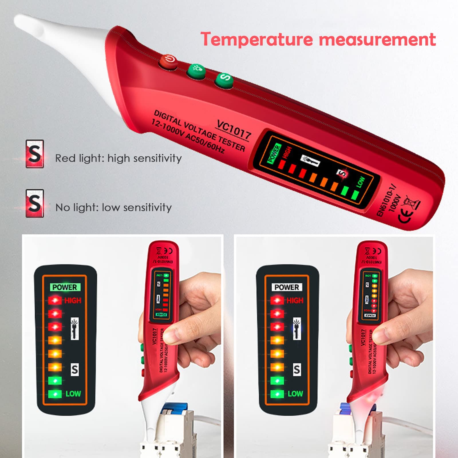 Detector de Voltaje sin Contacto con Linterna LED Sensibilidad ajustable, Distinción de Cable Vivo/Nulo, AC 12V-1000V, Localizar Punto de Rotura, Alarma
