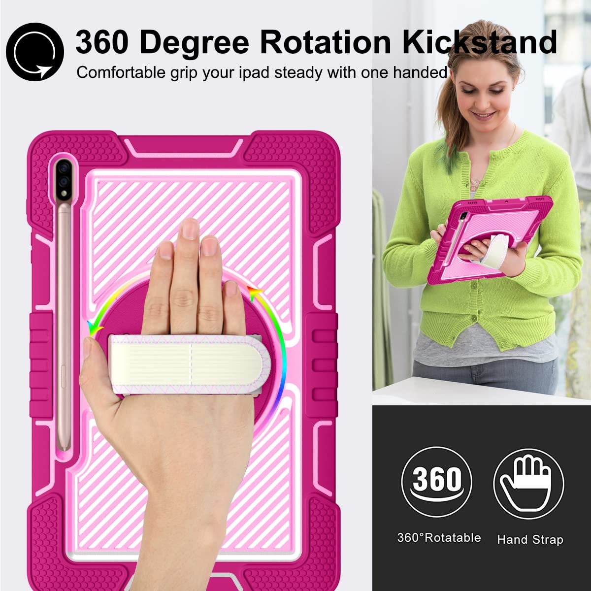 For Samsung Galaxy Tab S8 Plus 12.4 pulgada 2022 / S7 Fe . Pulgada 2021 y TAB 124 '' 2020 Tapa protectora duradera a prueba de golpes Duradera 360 grados Caja soporte giratorio la tableta(Rose Red+Pink)