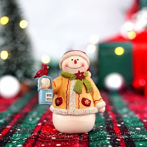 Miniatura 6 de Figurita de muñeco de nieve de Navidad para interiores – Muñeco de nieve de resina con pájaro y cubo de semillas, decoración navideña de mesa de