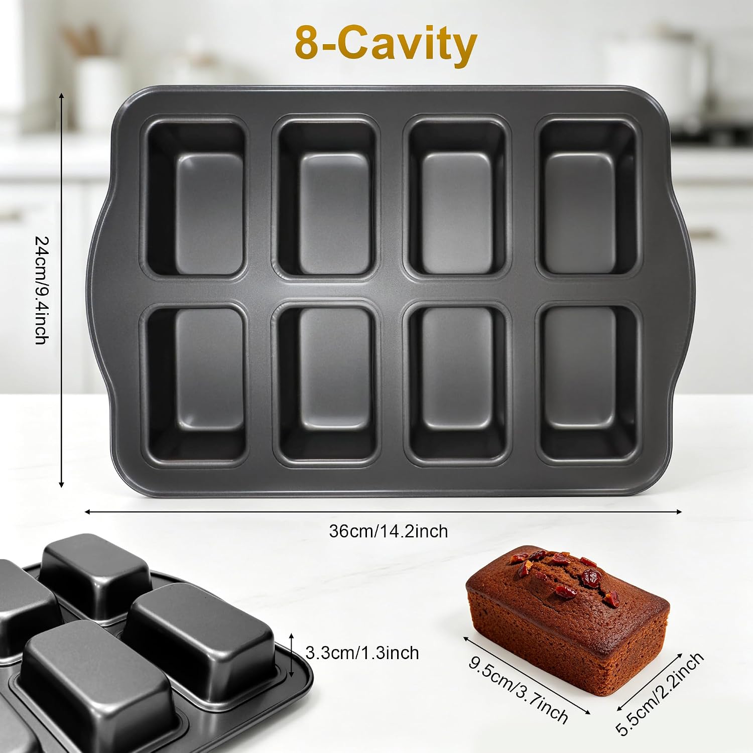 Mini Loaf Baking Pan, 8-Cavity Non-Stick Bread Pans Set, Gray