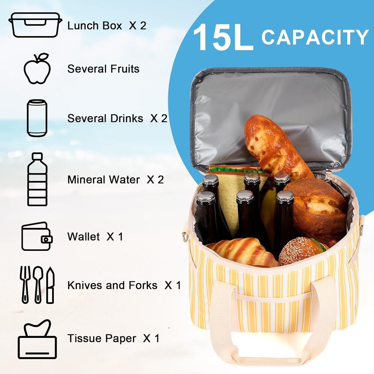 Nanxson 9L/15L/29L Extra Large Insulated Lunch Bag for Women Adult Reusable Leakproof Picnic Lunch Box Freezable Cooler Tote Bag (15L,A-Yellow Stripe)