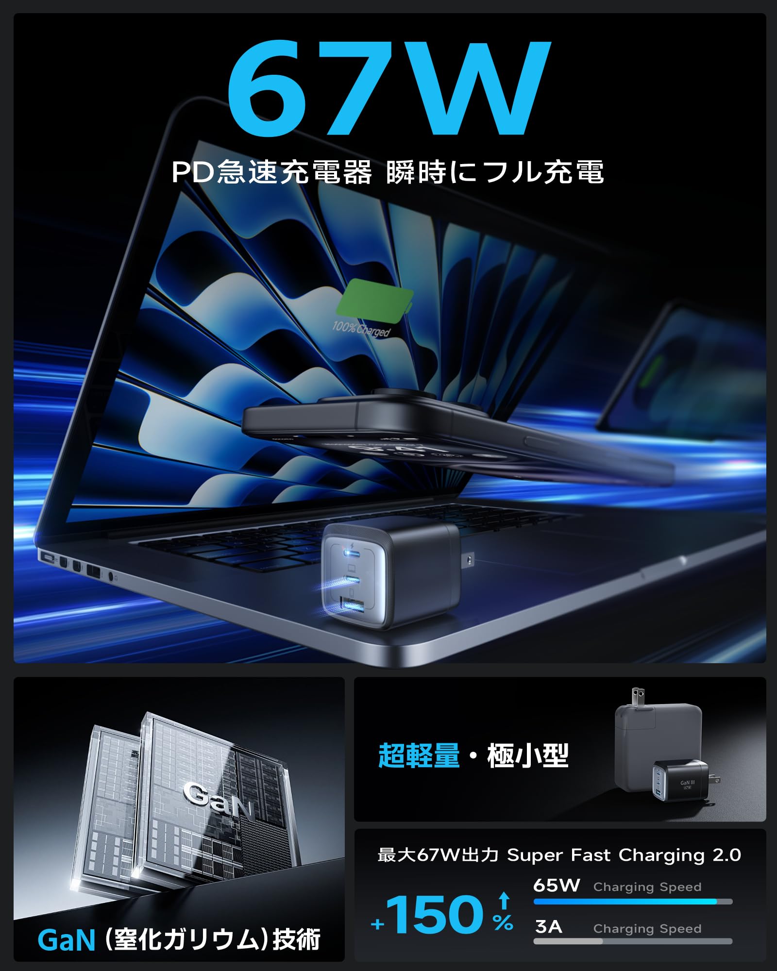 AKROOMのストアを表示 67W PD急速充電器は、驚異的なコンパクトさとパワフルな性能を兼ね備えています。
