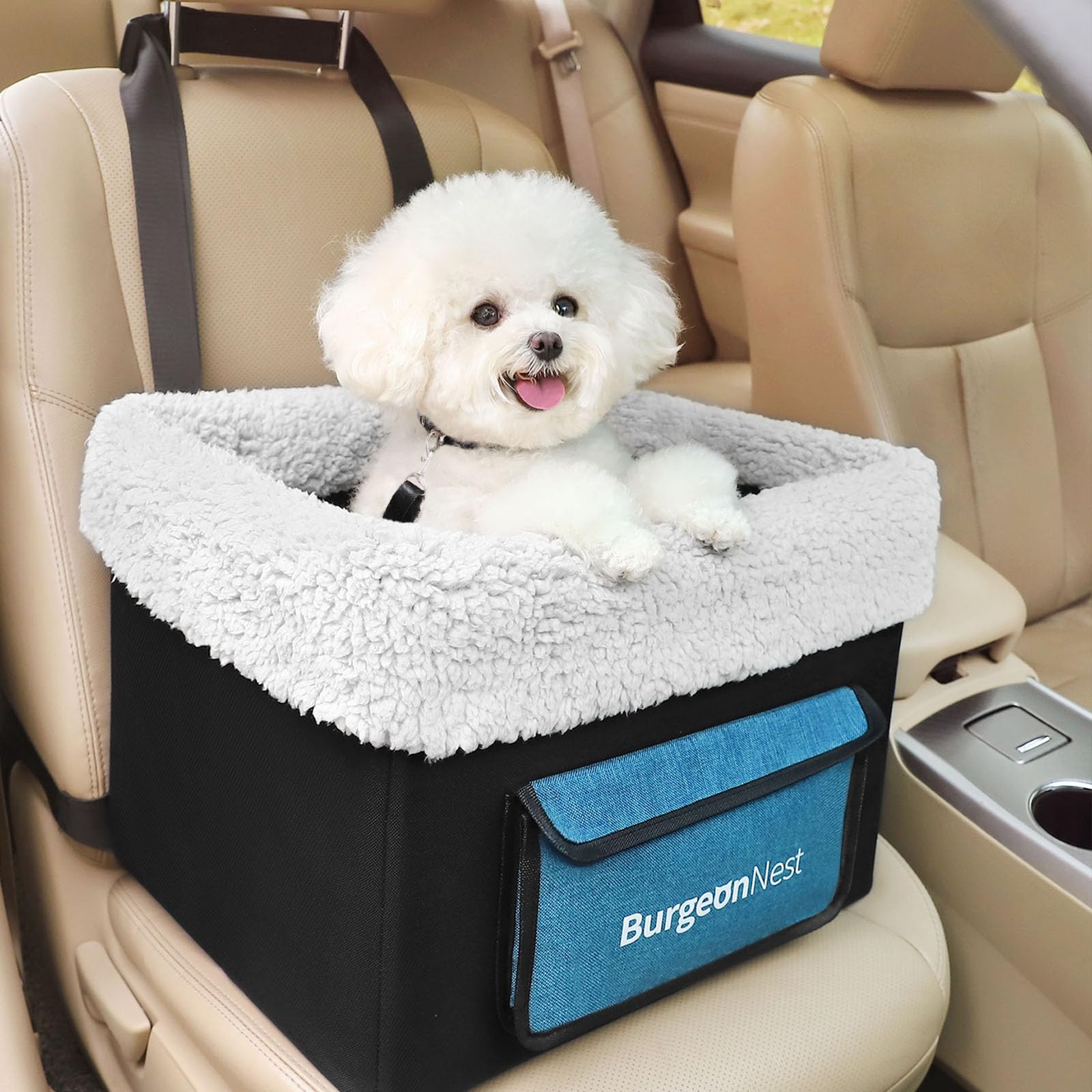 BurgeonNest Dog Carseat for Small Dogs, Puppy Portable Pet Booster Seat for Car with Upgrade Base Design, Adjustable Straps, with Storage Pockets, Clip-On Leash Portable Puppy Car Travel Carrier Bed