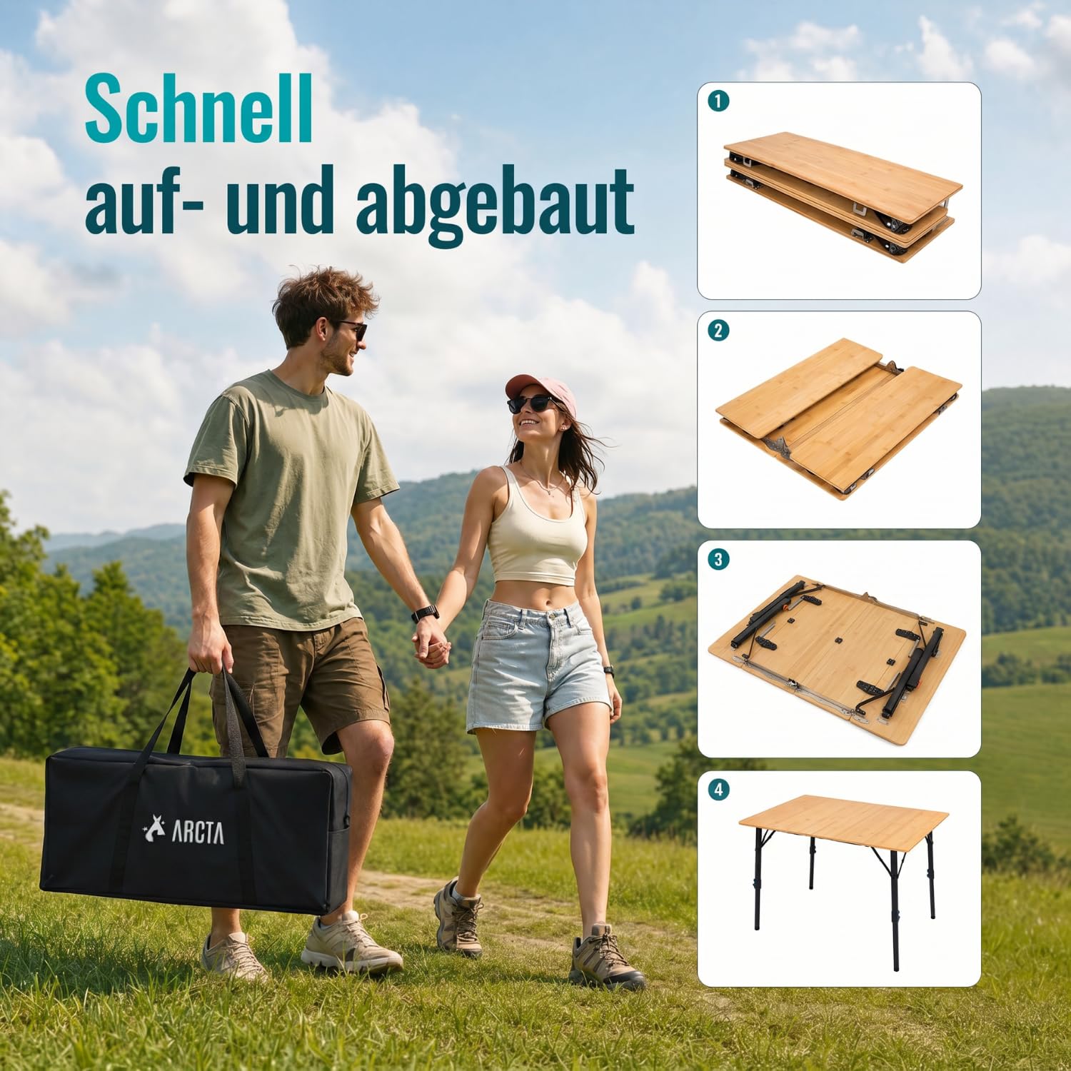ARCTA® Campingtisch Faltbar Bambus 100x70cm – Höhenverstellbar 42-70cm – Klapptisch Outdoor bis 80kg – Picknicktisch für Camping, Garten & Balkon – inkl. Tragetasche – 8,5kg