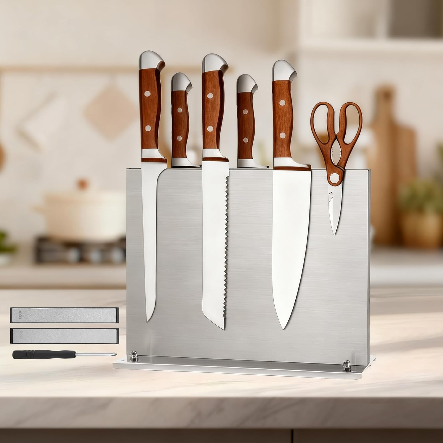 Magnetic Knife Holder, Stainless Steel Magnetic Knife Block with Sharpener, Double Sided Strong Magnetic Knife Strip Stand for Kitchen Countertop, Anti-movement Suction Cup Base