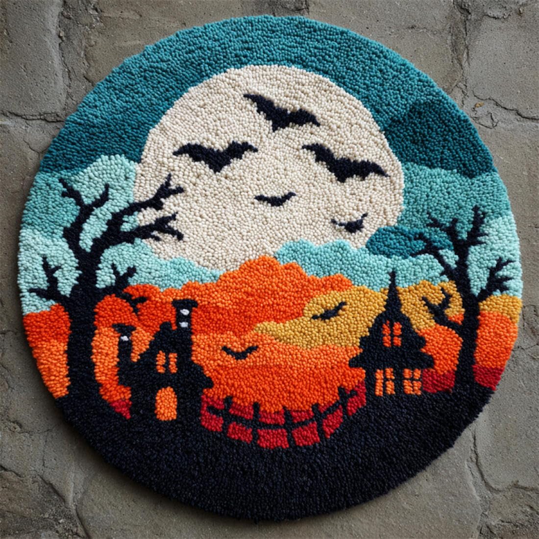 Rqwybcaxn DIY Latch Hook Rug Making Kits for Adults Crochet Hooks Set Halloween Castle 50x50cm Round Easy Pattern Floor Mat Living Room Handmade Art
