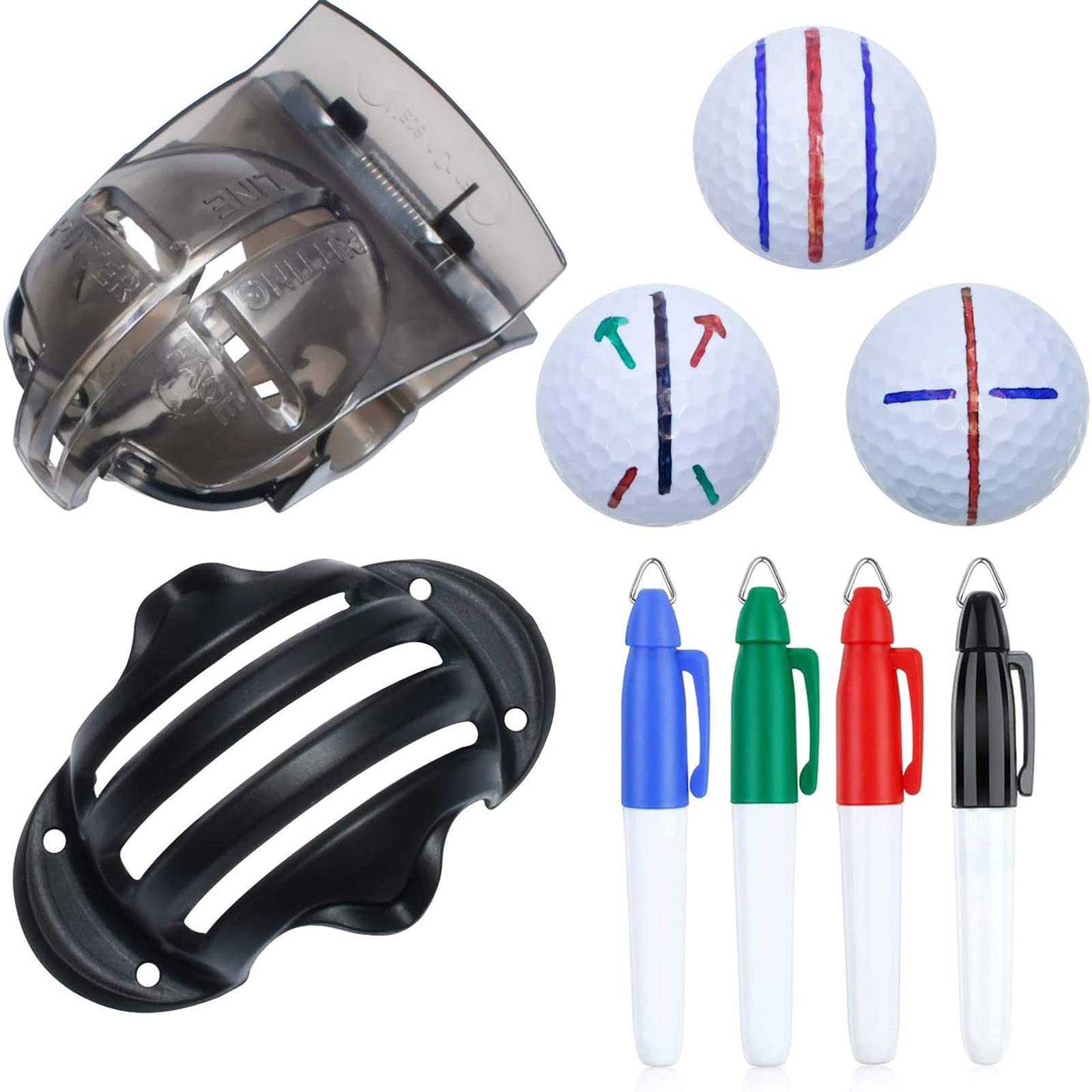 Golf Ball Markers, Golf Ball Liner Template, Fade-Resistant Golfs Marker And Lines Tool With 4 Multi-Colour Marker Pens, On-Course Accessories, For Family Friends Colleagues (2PC scriber +4PC pen)