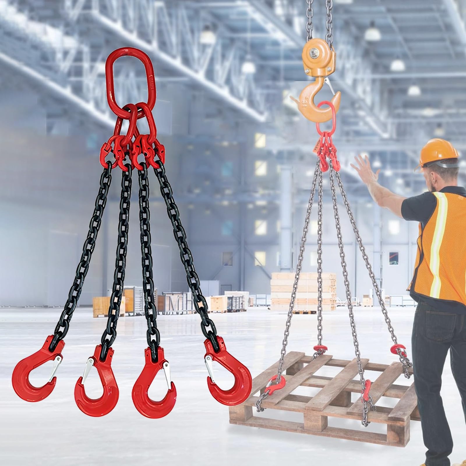 Catena di sollevamento a 4 vie con ganci, resistente fino a 5 tonnellate, catena durevole da 249,9 cm per la sicurezza del carico e il rimorchio, attrezzatura di movimentazione sicura