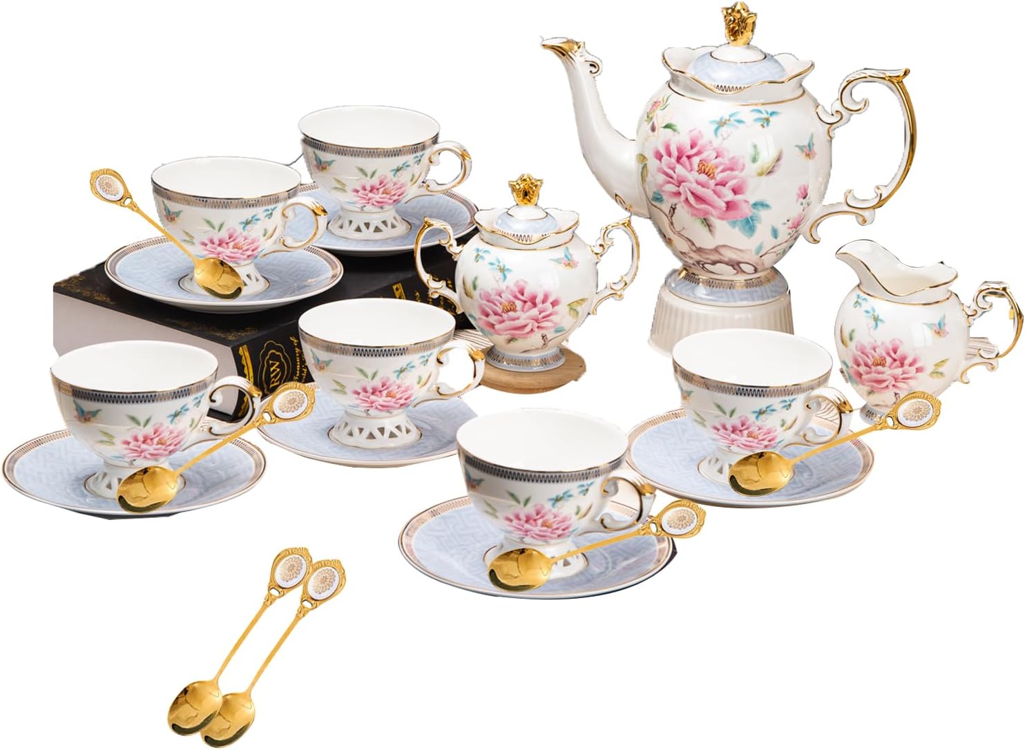 21-Piece Bone China Tea Set for 6, Vintage Floral Butterfly Design with Gold Trim, Includes Teapot, Sugar Bowl, Creamer & Cups/Saucers, Elegant Gift for Tea Lovers