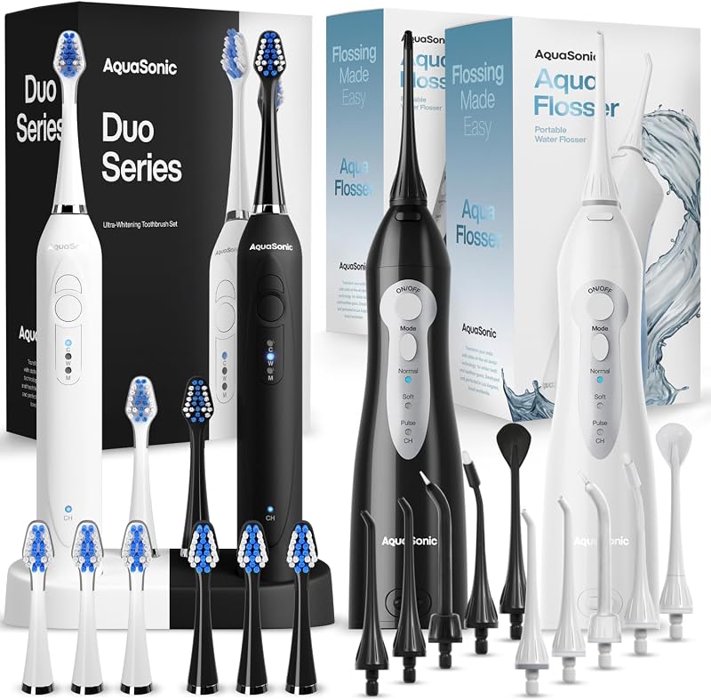 Aquasonic Duo Series and Aqua Flossers Bundle (White & Black)