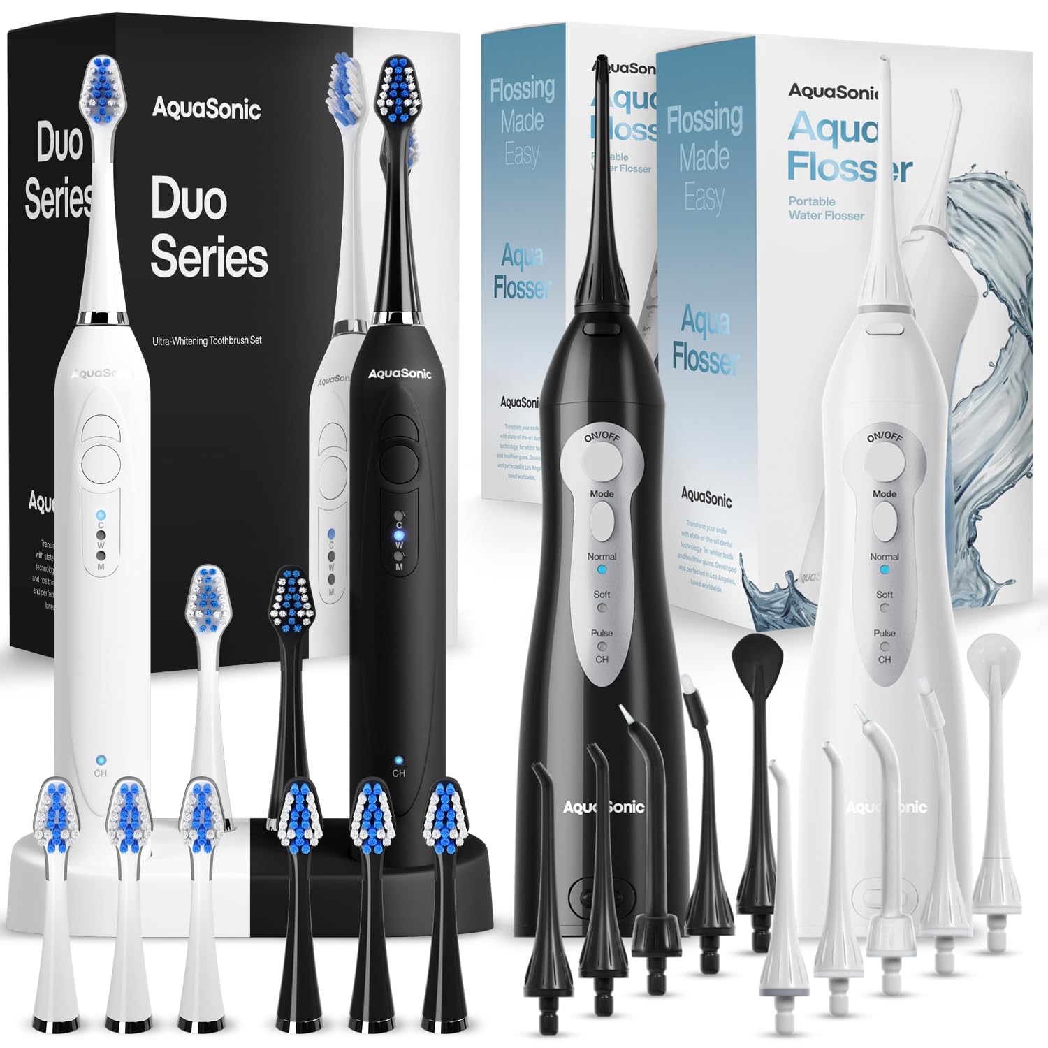Aquasonic Duo Series and Aqua Flossers Bundle (White & Black)