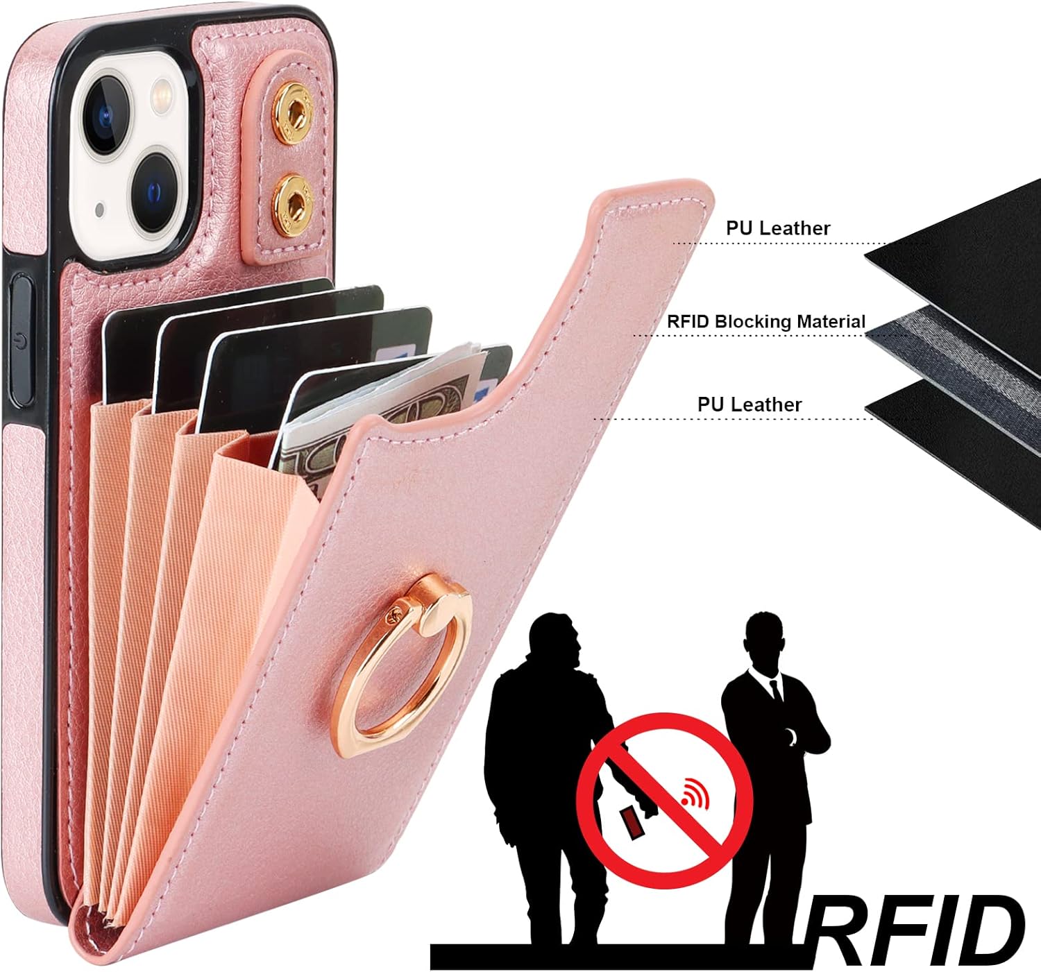 Folosu for iPhone 13 Mini Case Wallet with Card Holder, 360°Rotation Finger Ring Holder Kickstand Protective RFID Blocking PU Leather Double Buttons Flip Shockproof Cover 5.4 Inch Rose Gold