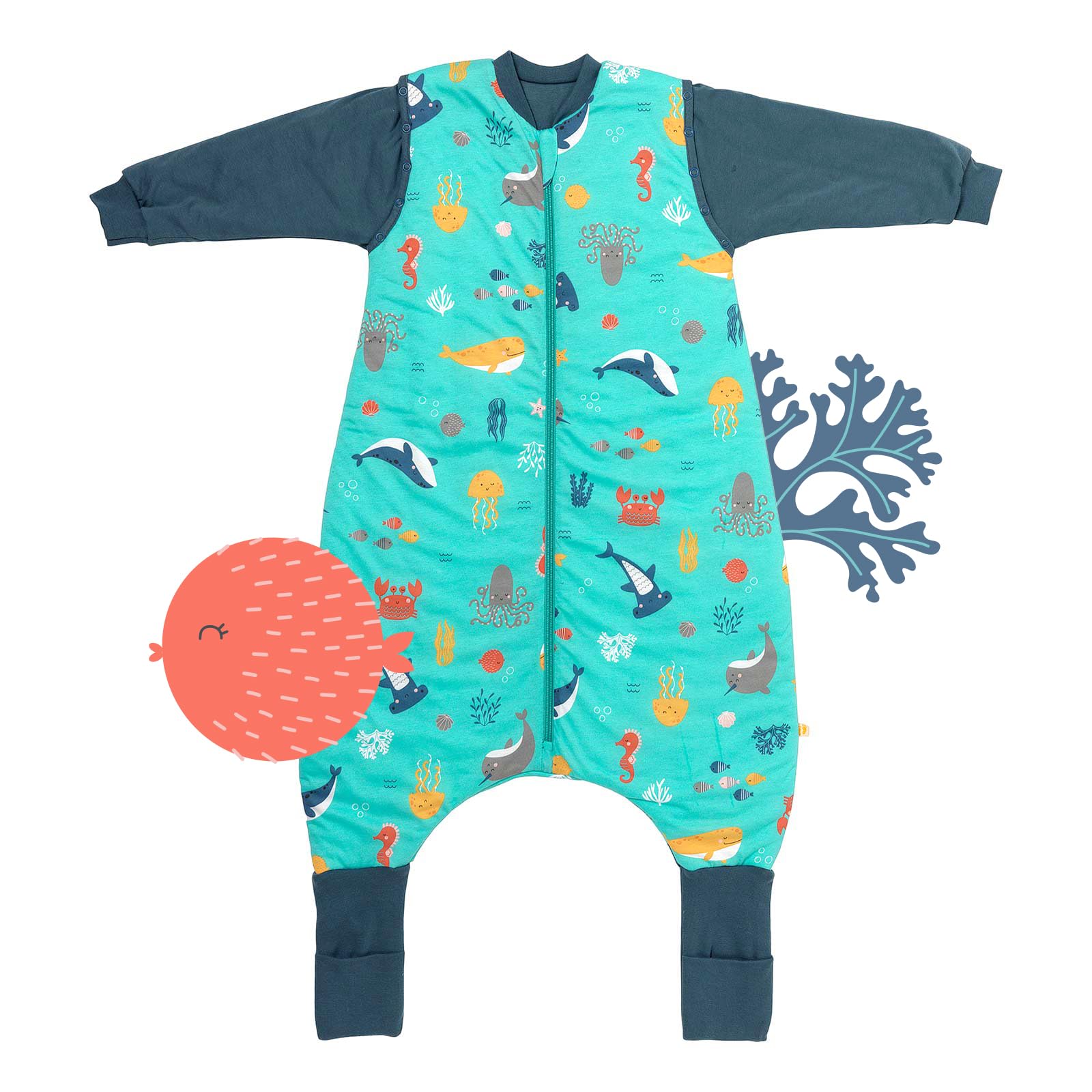 schlummersack Baby Schlafsack mit Füßen und Ärmeln – 1 Tog, 120 cm für Körpergröße 120-130 cm – Atmungsaktiv, verlängerbare Bündchen, Anti-Rutsch, Oeko-Tex zertifiziert, Meerestiere-Design