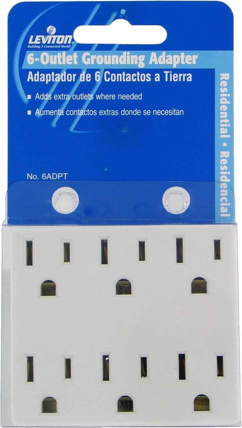 Leviton 6ADPT-W 15 Amp, 125 Volt, 6 Outlet Grounded Adapter, White