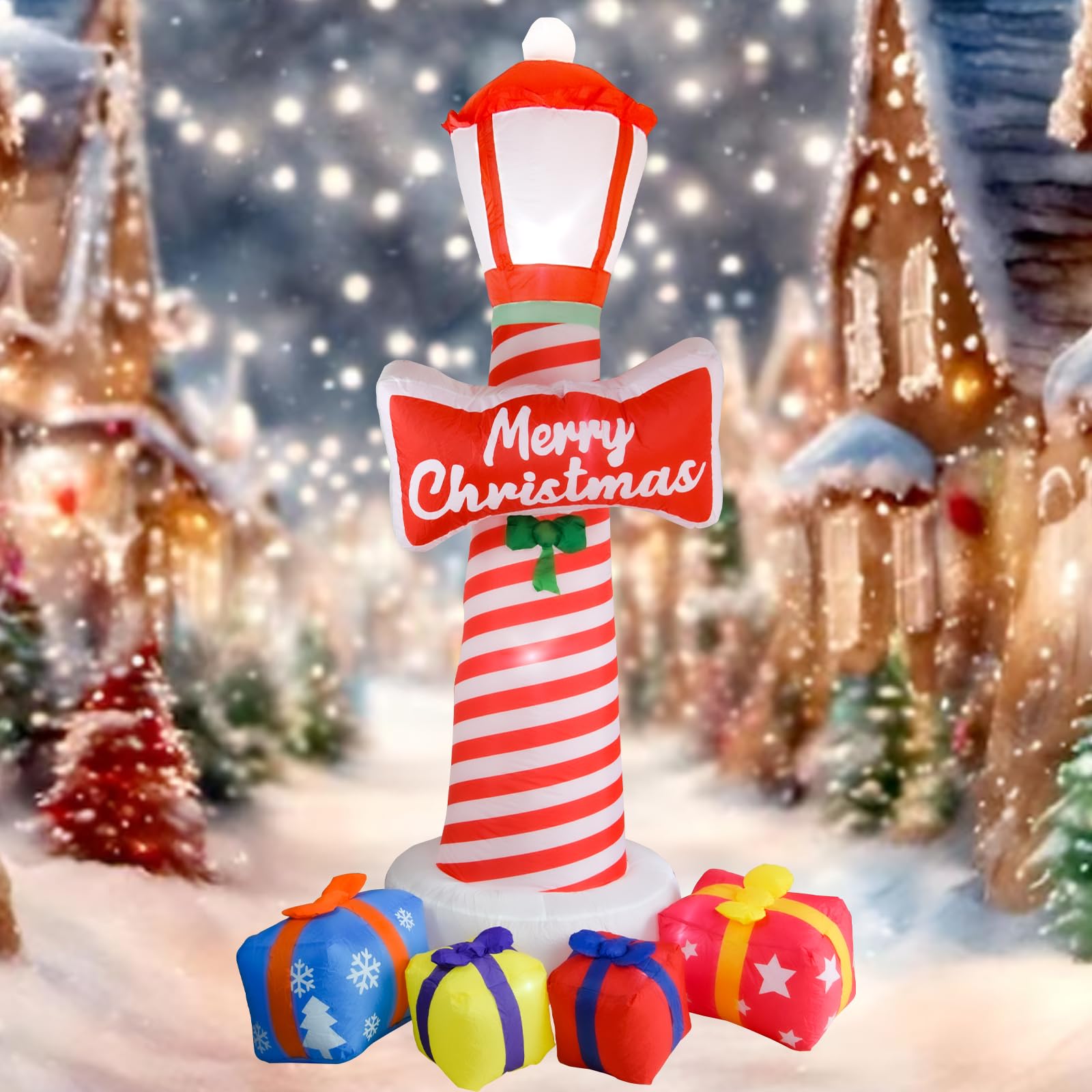 Phare de Noël gonflable de 8,1 pieds avec boîtes cadeaux, décorations de cour de Noël gonflables, avec lumières LED pour décoration de pelouse de vacances