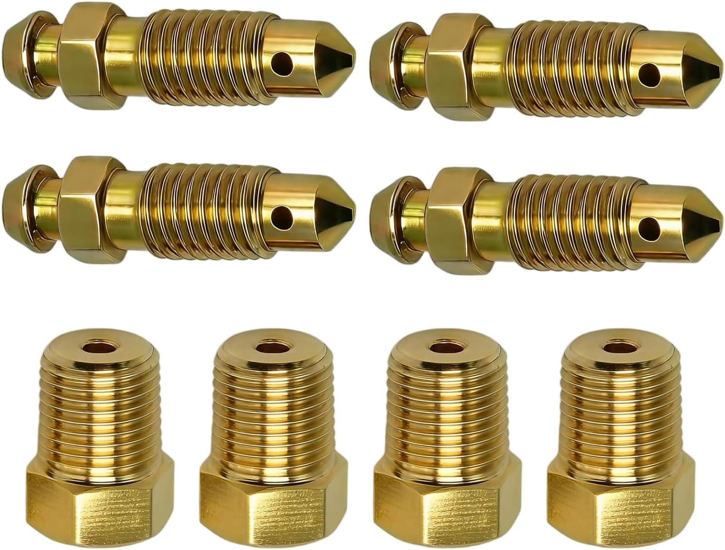 8 PCS Car Bleeder Screws, 1/8" NPT Brass Hydraulic Brake Bleeder Valve Assortment Kit, High-hardness Anti-rust Cylinder Connector, Brake Caliper Accessory for Most Cars (Gold)