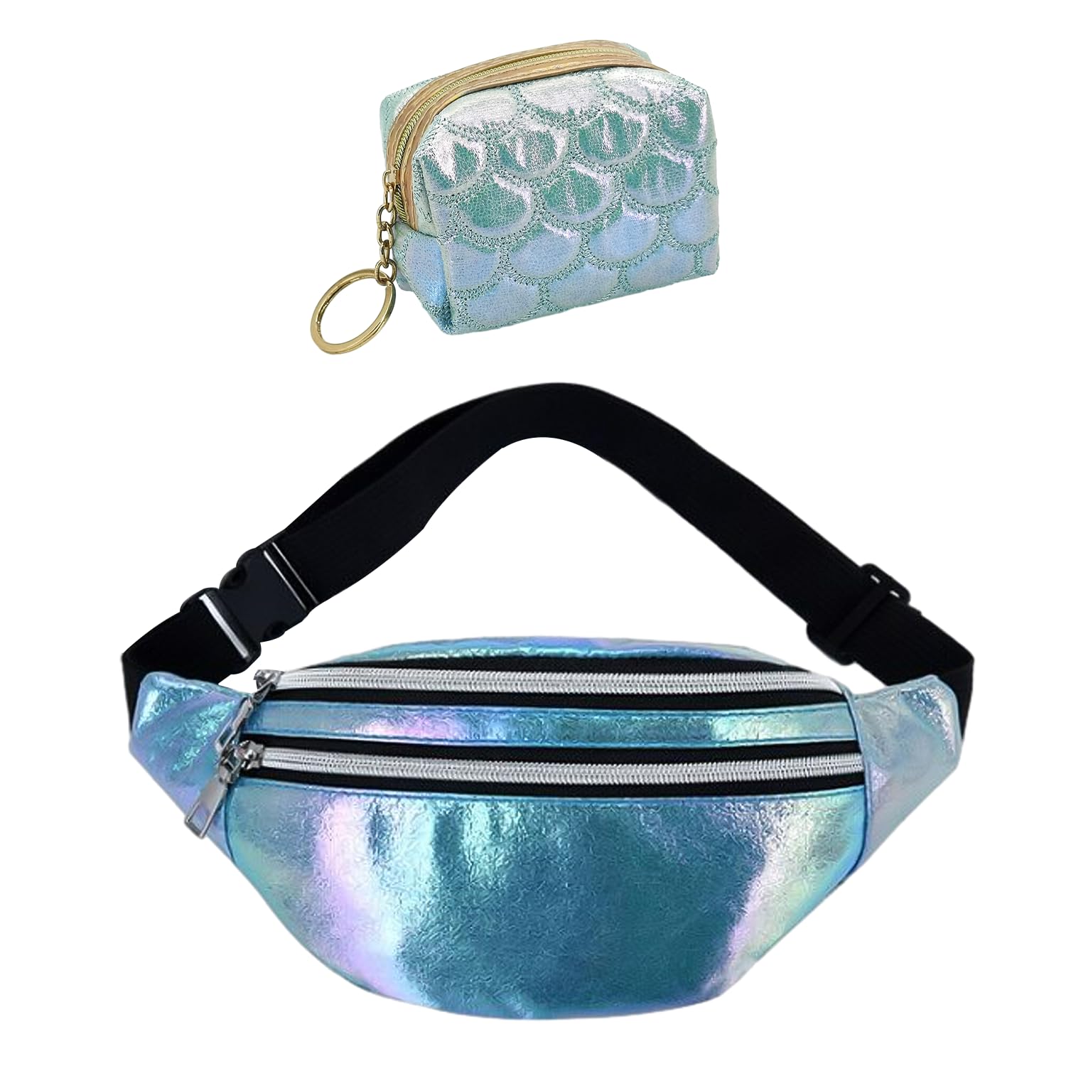 MEMOFYND 1 Riñonera Holográfica Azul Y 1 Mini Billetera, Riñonera Láser Impermeable, Bolso De Hombro con Cinturón Ajustable, Adecuado para Viajes Al Aire Libre, Compras, Deportes