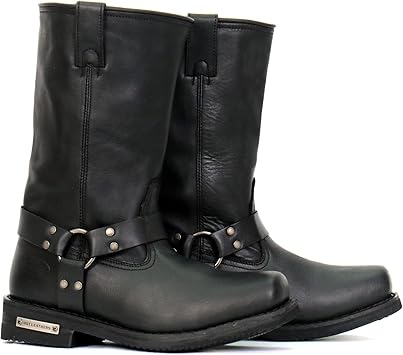 Hot Leathers Mens 11 Classic Black Harness Leather Motorcycle Boots Silver Hardware with Lug Sole Grip