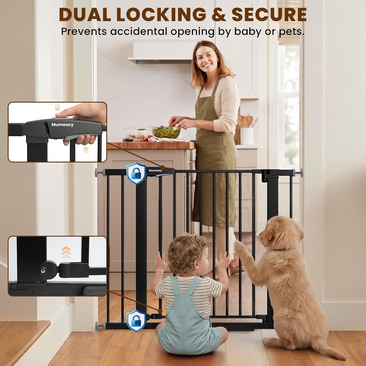 Mumeasy 29.7-40.6" Baby Gate for Stairs, Auto Close Dog Gate for Doorways, Pressure Mounted No Drill Pet Gate with Easy Walk Thru Door, Double Lock, Black