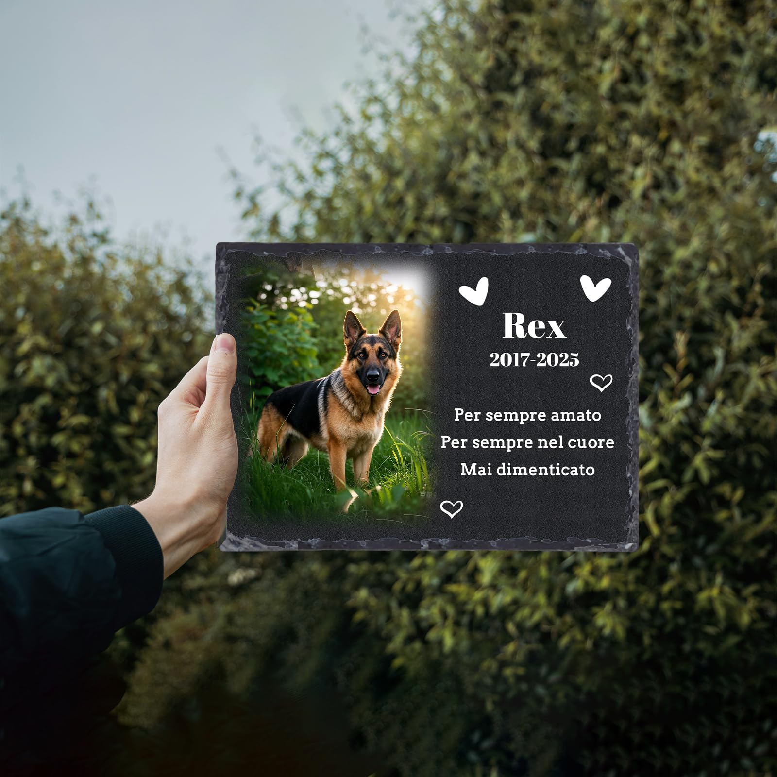 Targa commemorativa Personalizzata in Ardesia per Animali Domestici, lapide con Foto e Supporto, commemorativo per Cani defunti, lapide Personalizzata, 10x14/14x20/20x30 cm