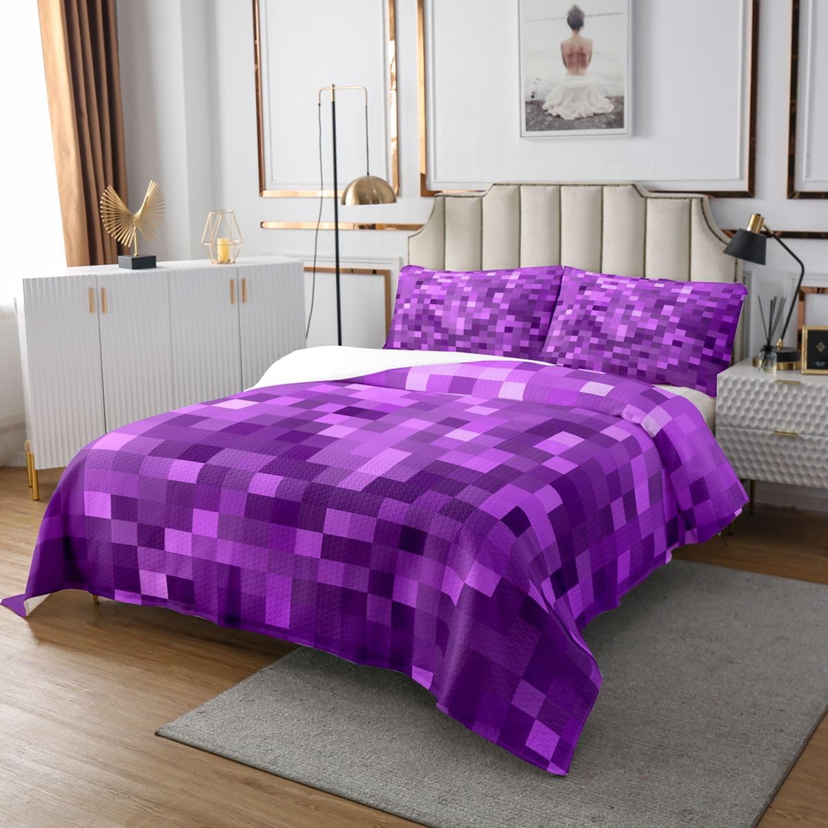 Manfei Pixelated Miners Game Kids Bedspread Twin Size,Videogame Gamepad Gaming Coverlet Set,Girls Boys Room Decor,Modern Geometric Square Quilted Coverlet,Purple Bedding Quilt,1 Pillowcase
