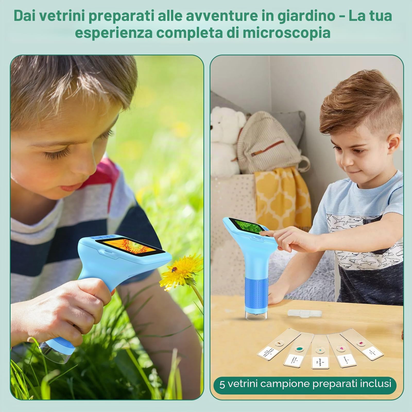 Microscopio portatile digitale per bambini: schermo HD 3 pollici 32GB 1000X magnifica fotocamera registrazione video kit educativo