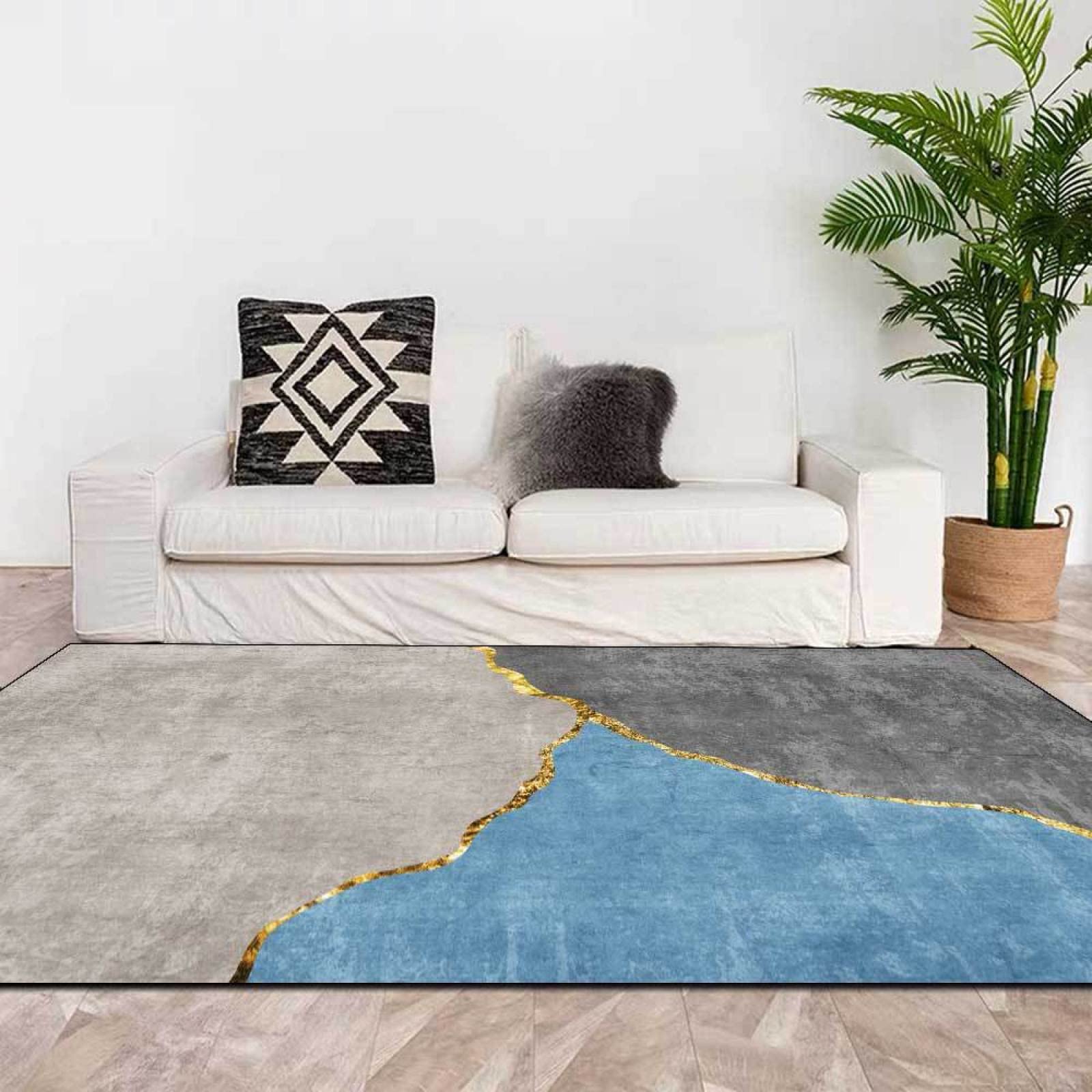 Aopoy Rugs Living Room Modern Style Area Rugs Abstract style blue grey gold lines Big Area Floor Rug Home Accessories 200 x 350 CM