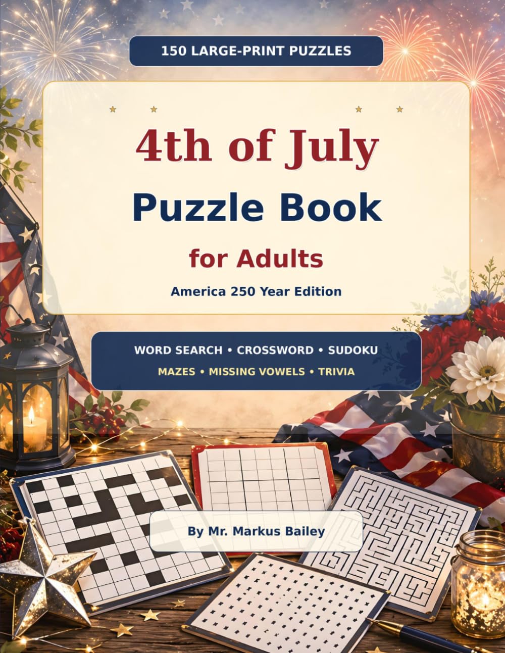 4th of July Puzzle Book for Adults: 150 Patriotic Large-Print Word Search, Crossword, Sudoku, Maze, Missing Vowels and Trivia Puzzles for America's 250th Birthday