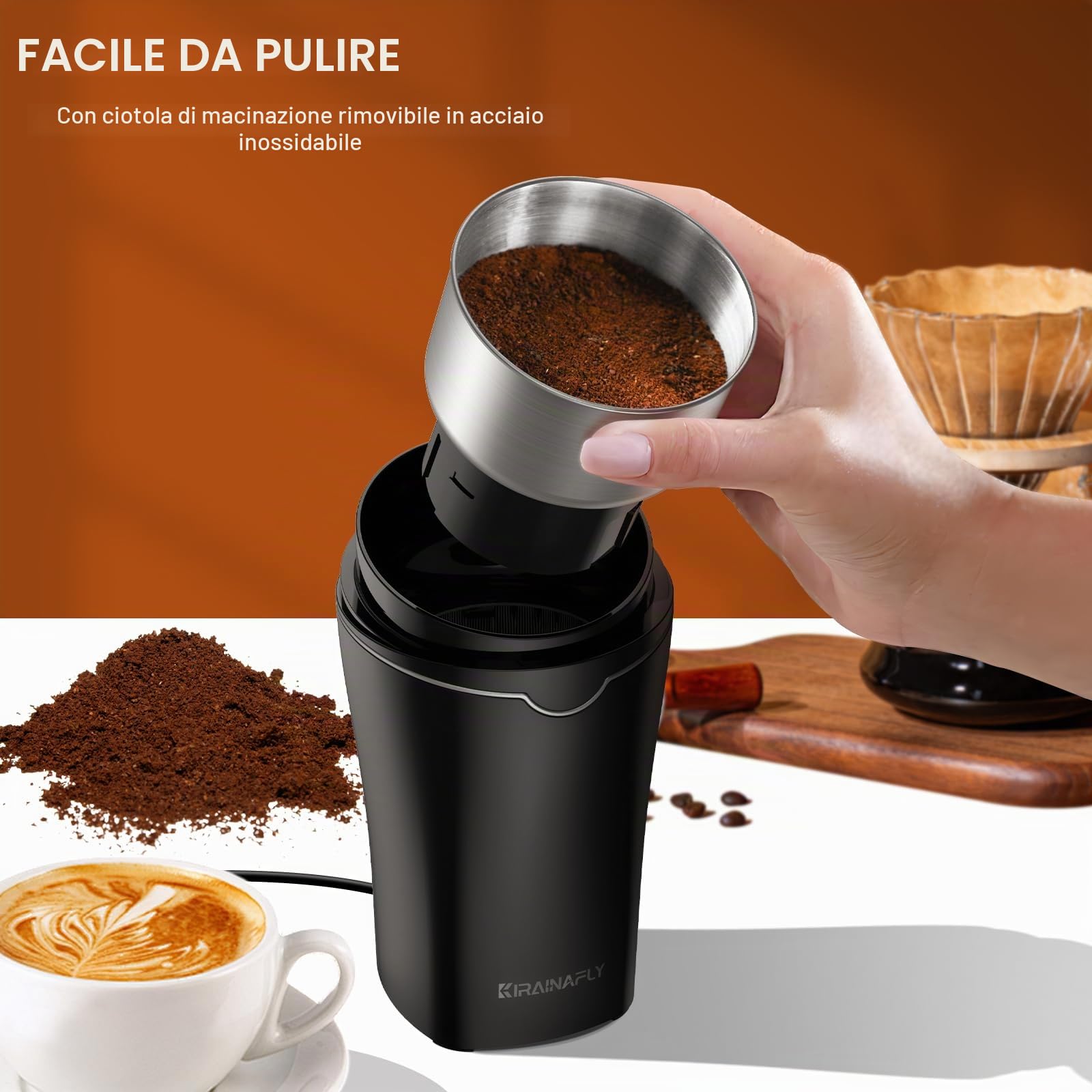 Macina caffe' elettrico, Macina semi lino e chia per cucina 300W, camera rimovibile in acciaio inox, fino a 12 tazze, facile per fagioli di caffè, spezie, erbe aromatiche, semi di lino (argento)
