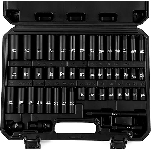 48-Piece 3/8" Drive Socket Set, SAE (5/16"-3/4") & Metric (8mm-22mm), Deep & Shallow Sockets, Extension Bars, 1/2" F to 3/8" M Reducer, Universal Joint, 6 Point Design