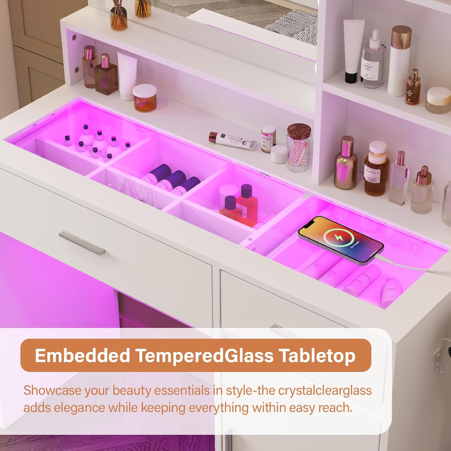 Modern White Vanity Desk with Lighted Mirror & RGB Adjustable Brightness – Elegant Dressing Table with Glass Top & Power Outlet, Perfect for Women & Girls' Bedrooms - 3 Lighting Modes (White)