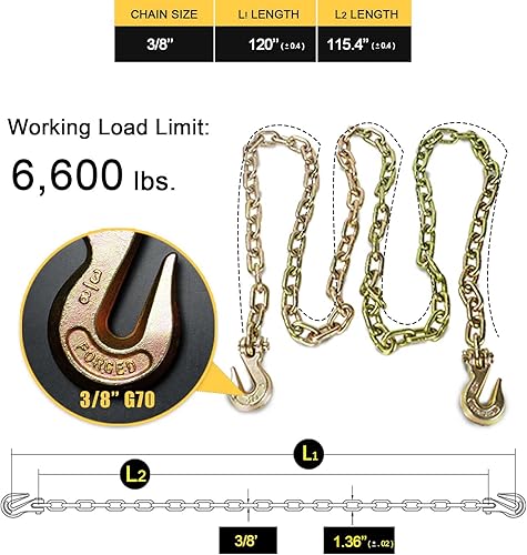 Miniatura 5 de Cadena de carpeta de transporte, cadena de remolque con G70, 3/8 pulgadas x 10 pies, con ganchos de agarre de horquilla, límite de carga de trabajo