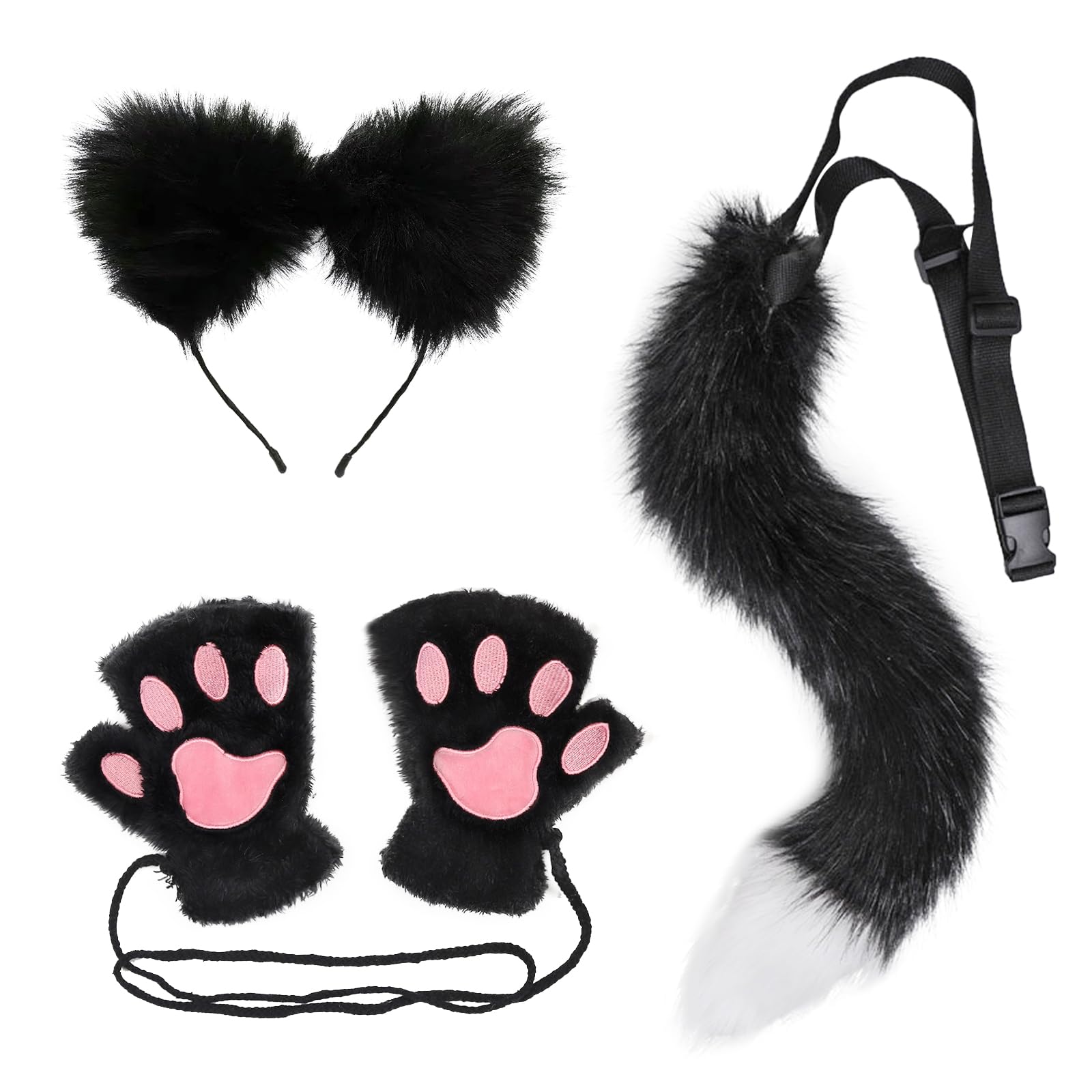 BDSHUNBF Fancy Dress Costume Set, Anime Fancy Dress Set With Furry Fox Tail, Ears and Furry Gloves, for Anime Fancy Dress Party Halloween Christmas Dress Up Carnival Role Play, Aldult