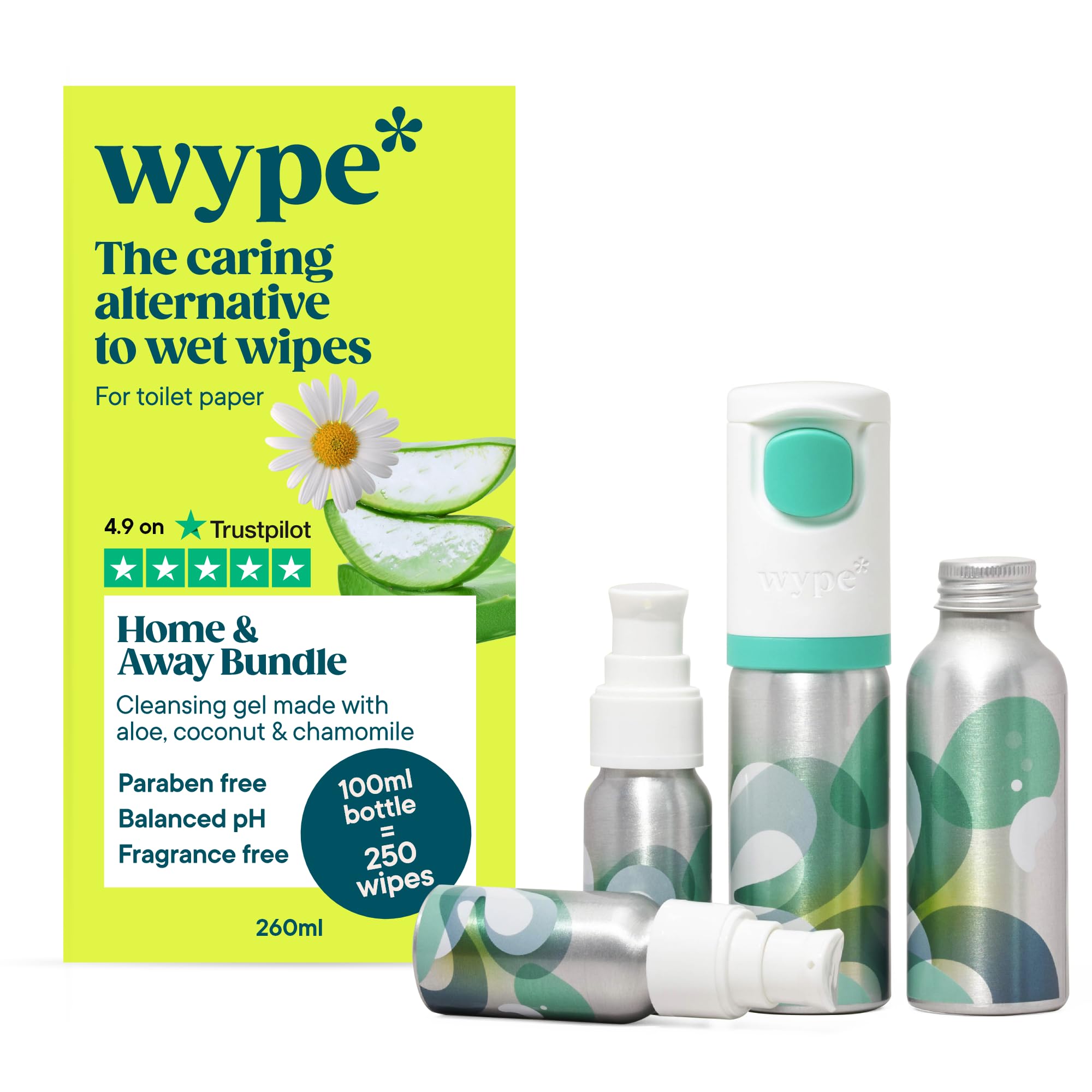 Wype | Home & Away Bundle | Toilet Roll Gel | Flushable Wet Wipe Alternative | Holiday Essentials | COSMOS Organic | 1 x Applicator, 2 x Refills (100ml), 2 x Mini (30ml)