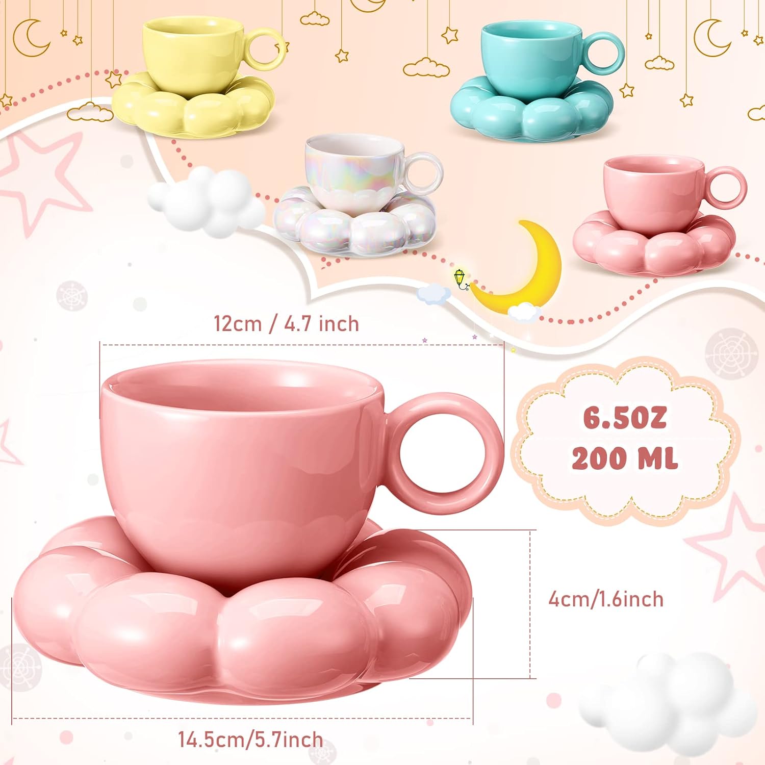 Sumind Ceramic Coffee Mug with Sunflower Coaster Ceramic Cloud Mug Creative Cute Cup Flower Cup Saucer Set Pearl White Yellow Blue Pink 6.5oz/ 200ml for Office Home Coffee Tea Latte Milk(4 Sets) - Image 2