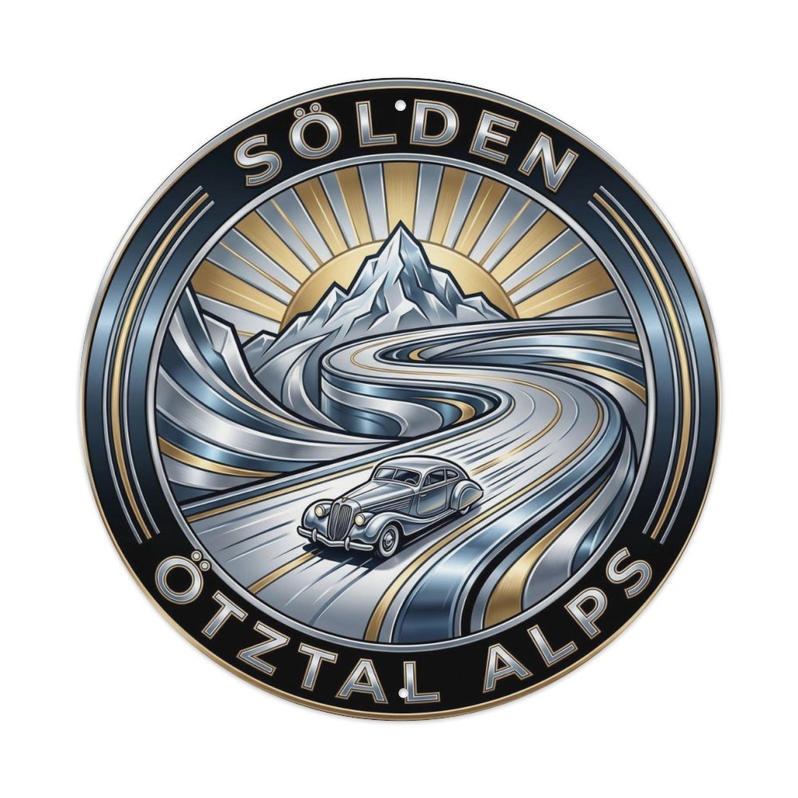 Solden Otztal Alps Glacier Road Vintage Travel Adventure Metal Tin Sign Plaque Wall Decor for Cafe, Man Cave, Club Bar, Office, Home Garden Round Metal Poster 8x8Inch