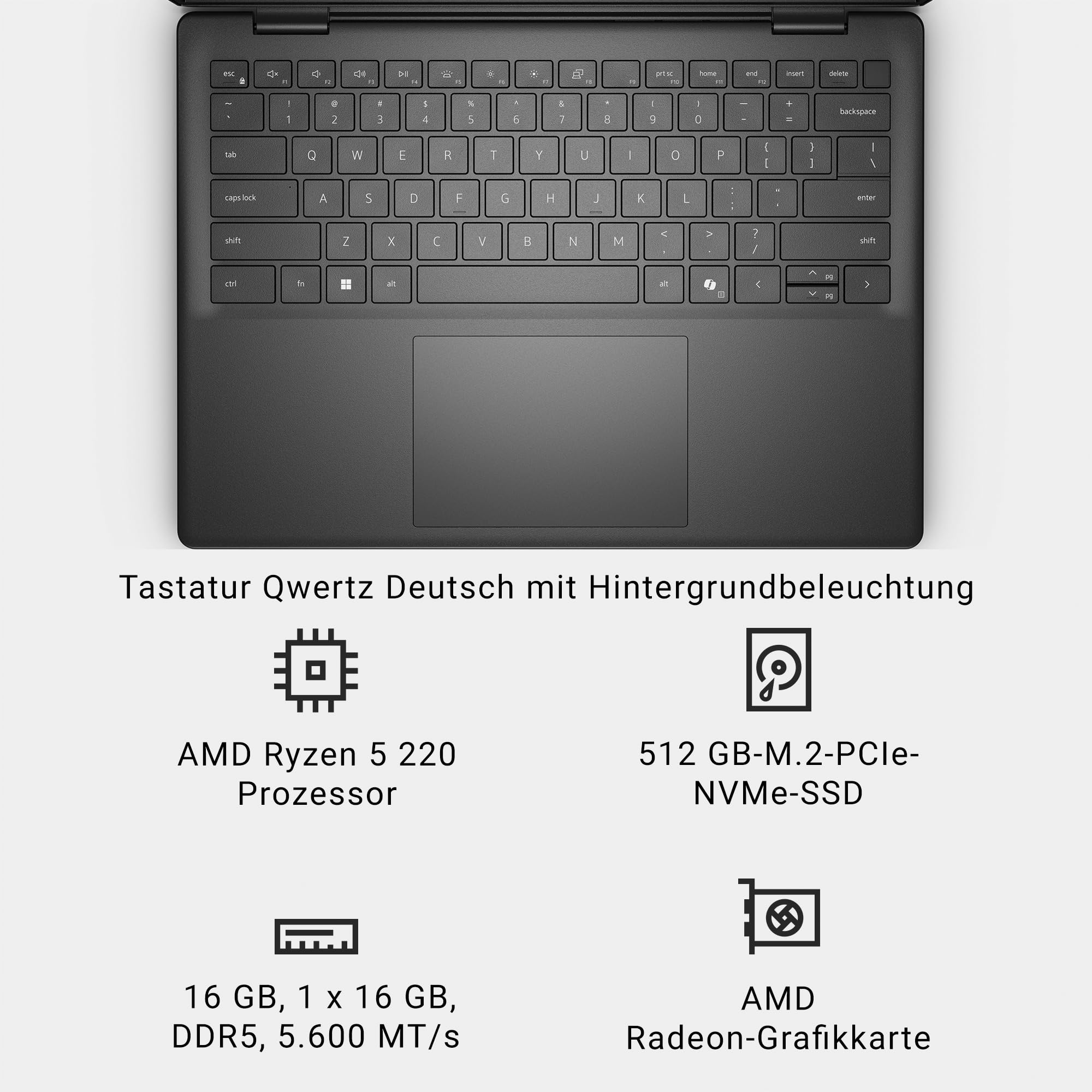Dell 14 Laptop DC14255 Copilot+ PC 14" 2K AMD Ryzen 5 220 16GB RAM 512GB SSD AMD Radeon Grafik QWERTZ Tastatur Windows 11 Home Wi-Fi 6 Carbon Black