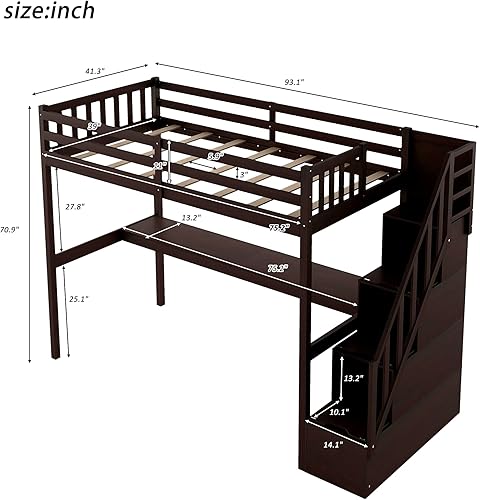 Miniatura 209 de Quarte Cama alta multifuncional, cama alta tamaño matrimonial con escritorio integrado y estantes de almacenamiento, dos cajones y escalera de
