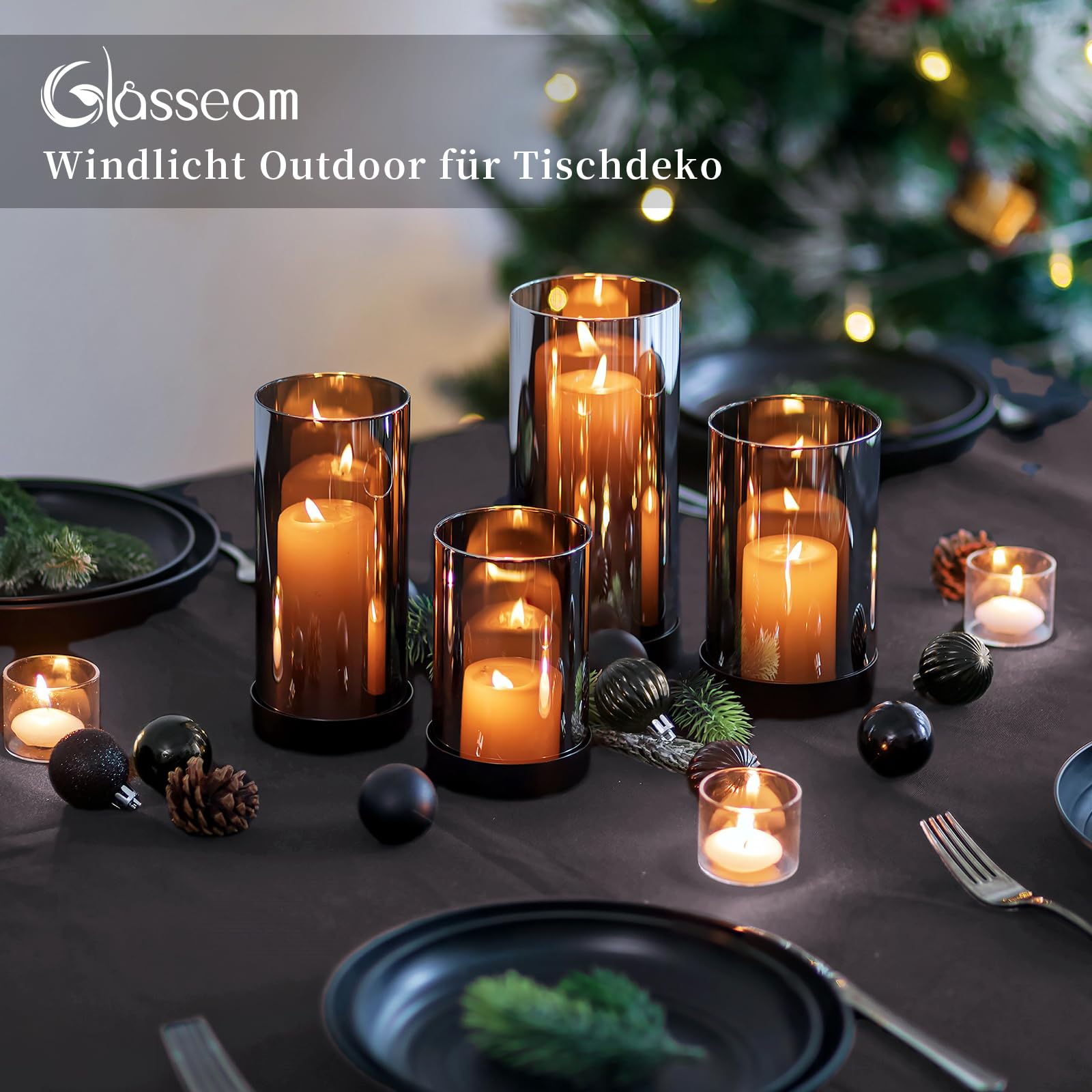 Glasseam Windlicht Glas Schwarz Tischdeko: 4er Set Windlicht Outdoor Modern Windlichter Kerzenhalter Metall für Deko Wohnzimmer Glaszylinder Kerzengläser für Draußen Advent