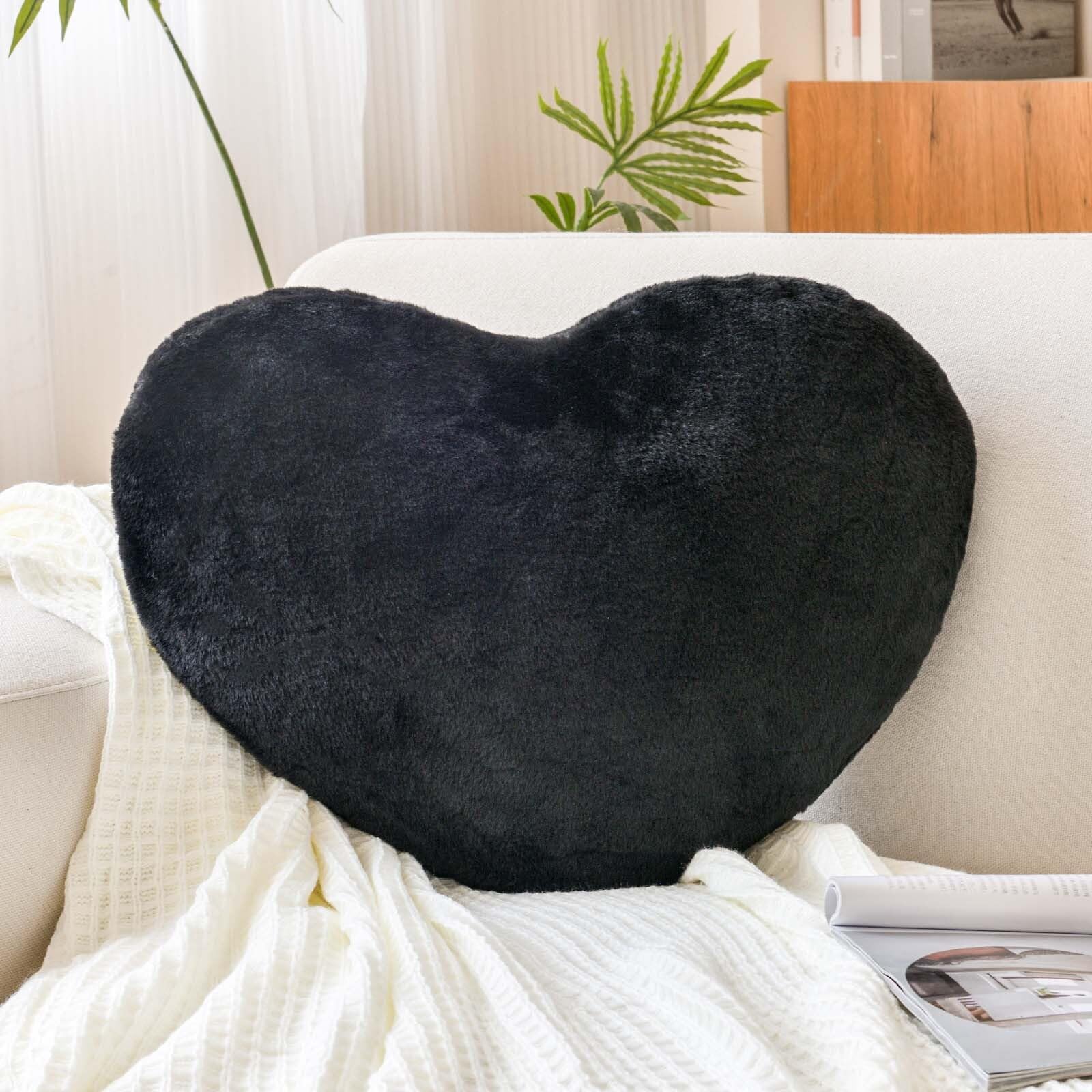 Black Heart Pillows, Cute Heart Decorative Pillow, Heart Shaped Throw Pillows for Bed, Faux Rabbit Fur Plush Hoom Decor Pillow Cushion for Chair Sofa Living Room (Large-19.6"x15.7")