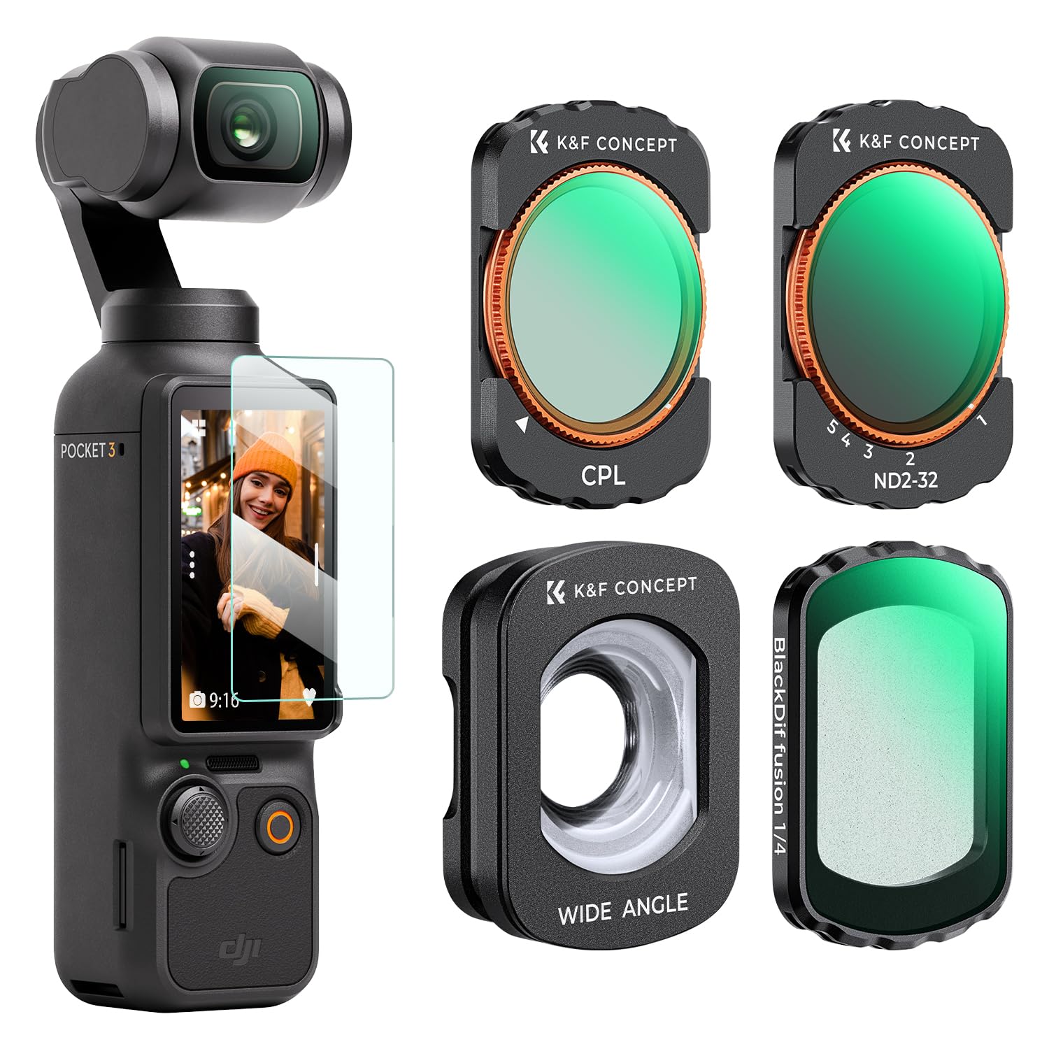 K&F CONCEPT FD161 Kit Filtros para dji OSMO Pocket 3/4, Filtros Magnéticos Black Mist 1/4+Polarizador CPL+Variable ND2-32 + Gran Angular Lente,Accesorios para Osmo Pocket 3/4