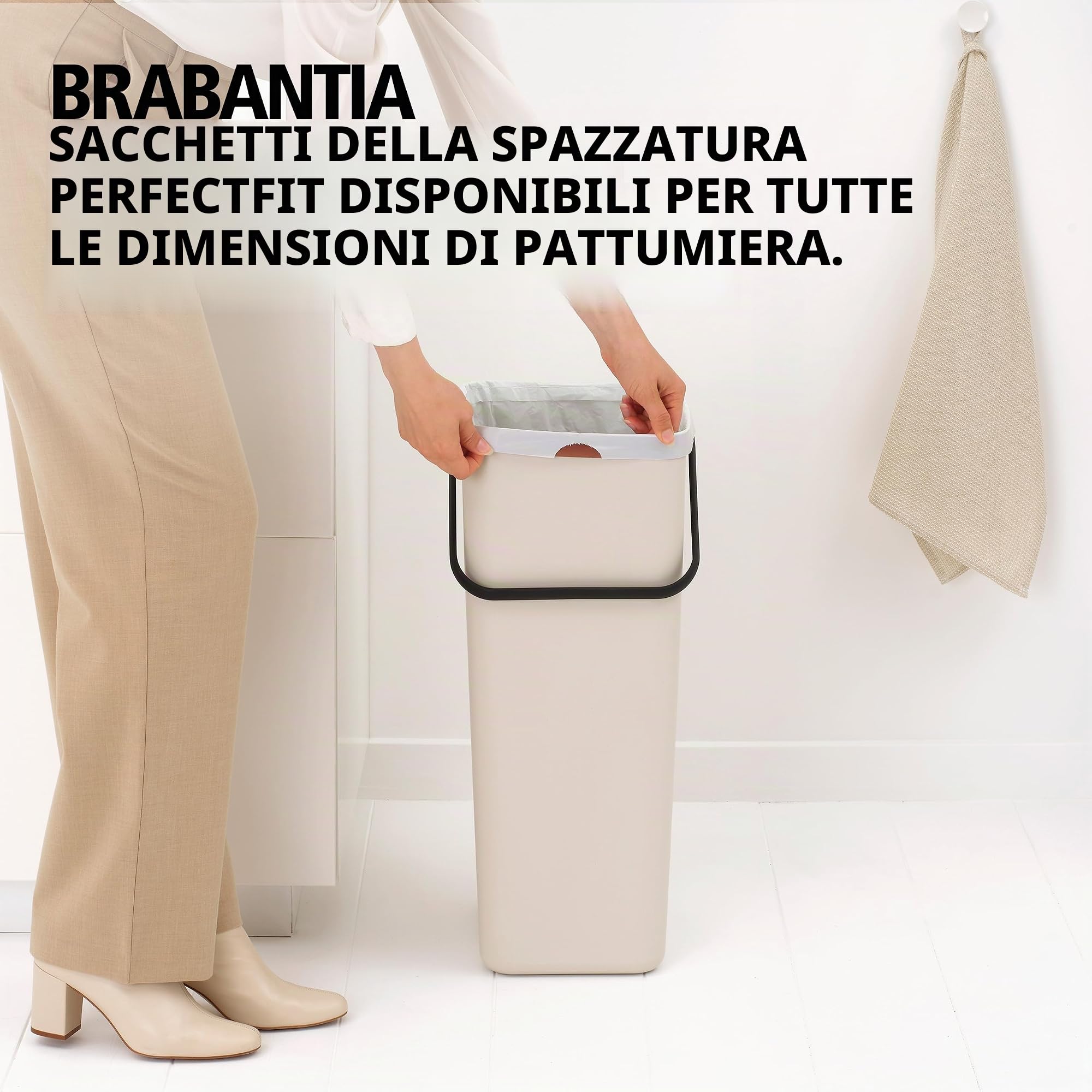 Brabantia Sort & Go Pattumiera 40L (Soft Beige), Pattumiera cucina in plastica con maniglia, Secchio spazzatura salvaspazio con coperchio stay open rimovibile, Cestino umido facile da pulire